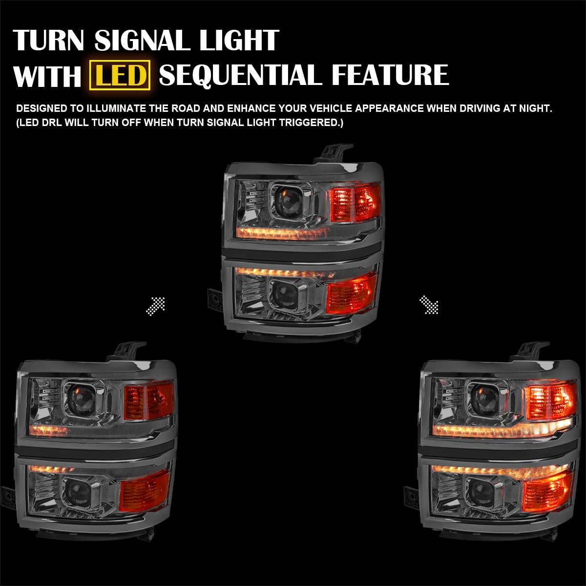 Chrome w/Silver Trim SPEC-D TUNING Projector Headlights w/Sequential Switchback LED Strip and Startup Animation Compatible with 2014-2015 Chevy Silverado 1500, Left + Right Pair Headlamps Assembly
