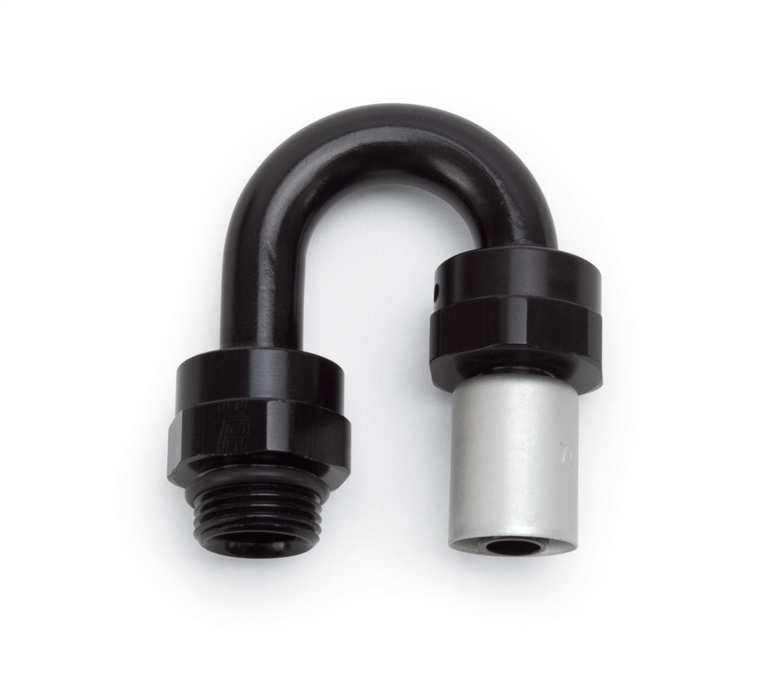 CRIMP ON HOSE END -6 SAE PORT MALE TO -6 HOSE 180 DEG BLK ANODIZED