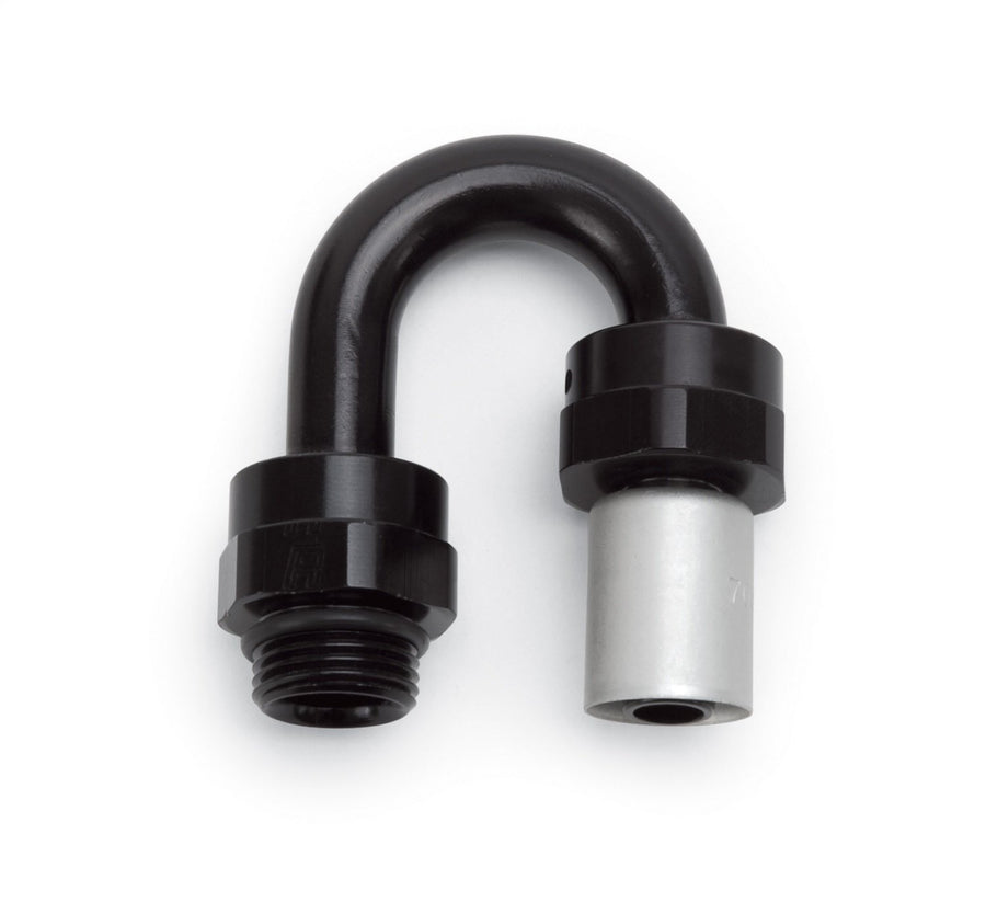 CRIMP ON HOSE END -6 SAE PORT MALE TO -6 HOSE 180 DEG BLK ANODIZED