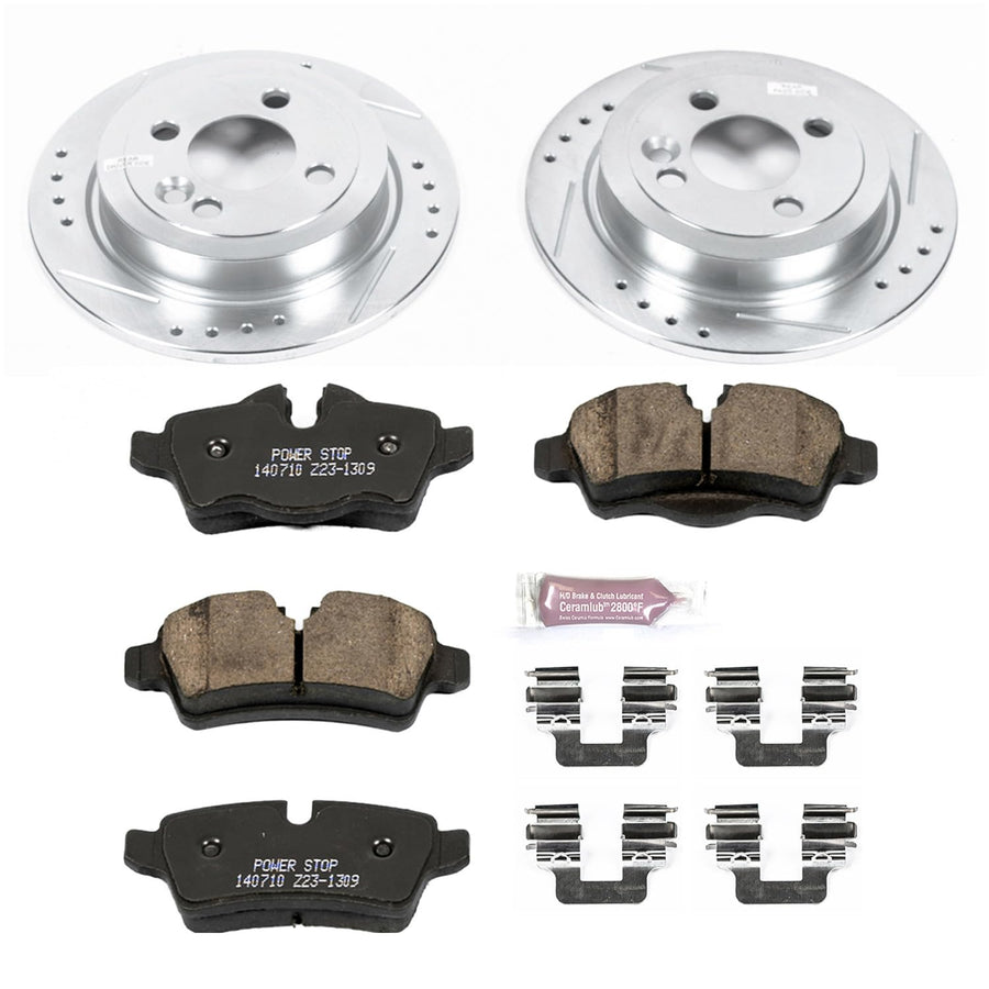 Power Stop K6281 Rear Brake Pads Z23 Carbon Fiber with Drilled & Slotted Brake Rotors Kit and 1 Rear Sensor Wire For Mini Cooper 2007-2010 [Model Specific]