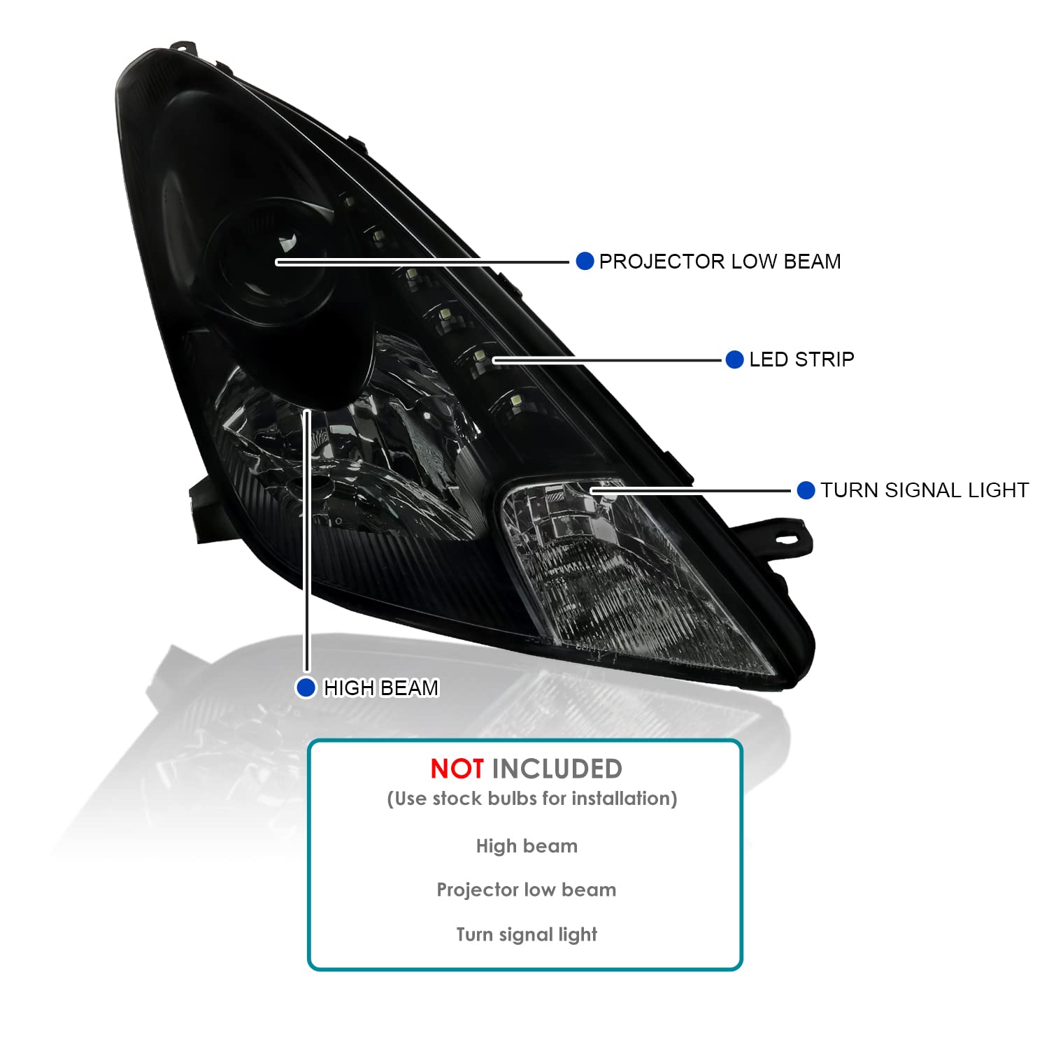 Black Smoke SPEC-D TUNING Projector Headlights w/LEDs Compatible with 2000-2005 Toyota Celica, Left + Right Pair Headlamps Assembly