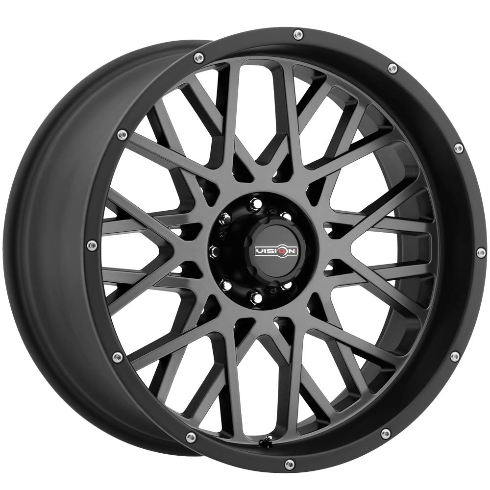 18x9 Gray Black Vision Rocker Wheel / Rim 8x6.5 with a 12mm Offset and a 125.2 Hub Bore. Partnumber 412-8981ABL12