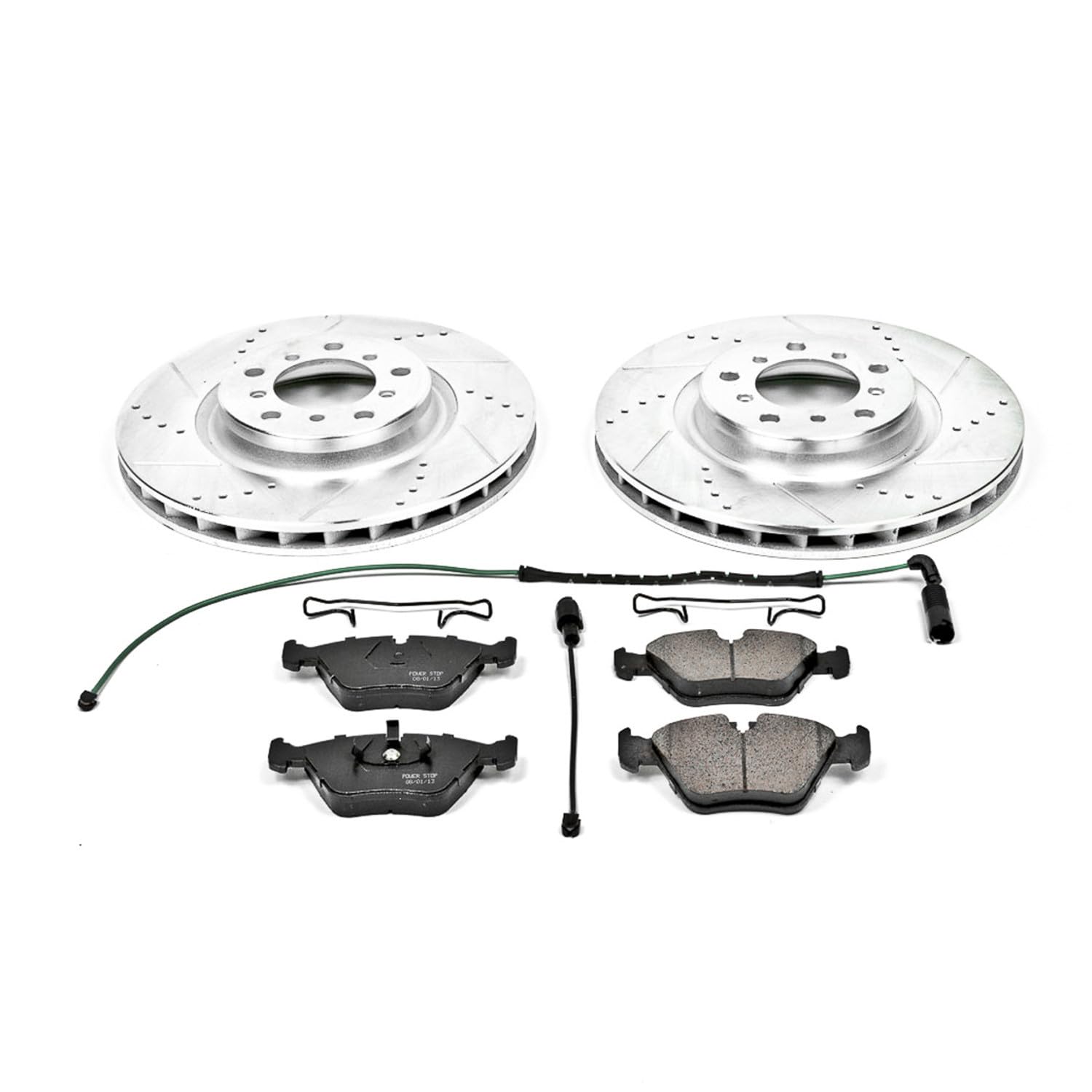 Power Stop K2903 Z23 Carbon Fiber Brake Pads Front with Drilled & Slotted Brake Rotors Kit and 1 Front Sensor Wire For BMW M3 2001-2006 [Model Specific]