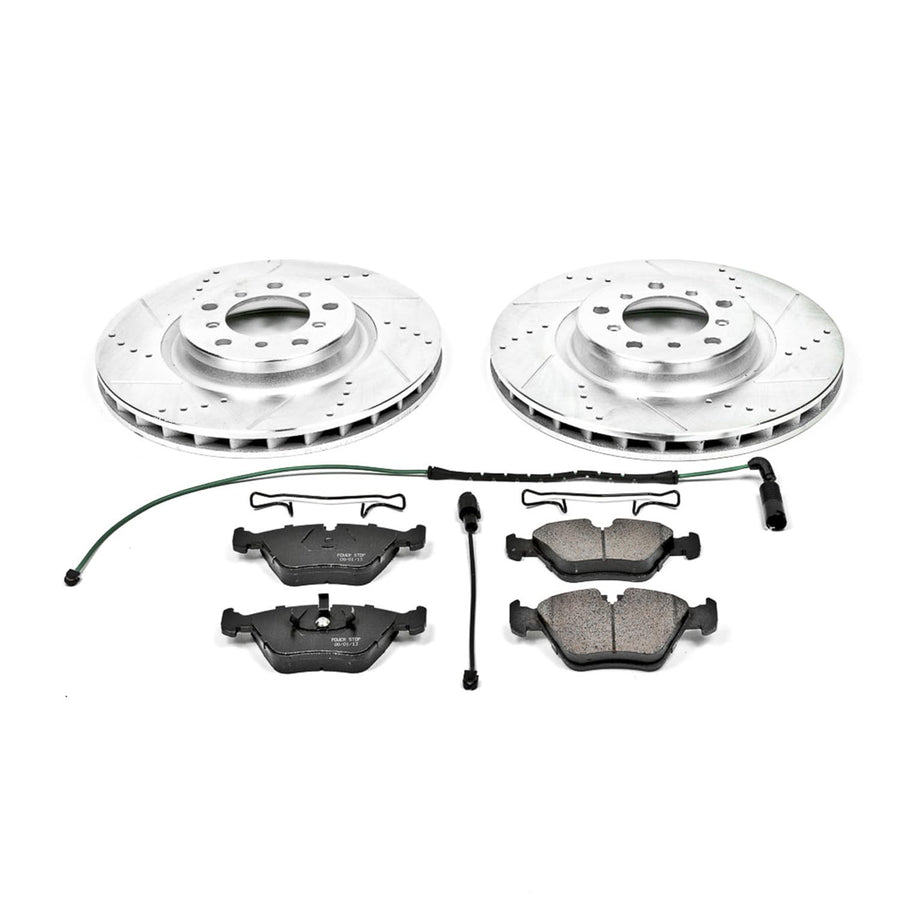 Power Stop K2903 Z23 Carbon Fiber Brake Pads Front with Drilled & Slotted Brake Rotors Kit and 1 Front Sensor Wire For BMW M3 2001-2006 [Model Specific]
