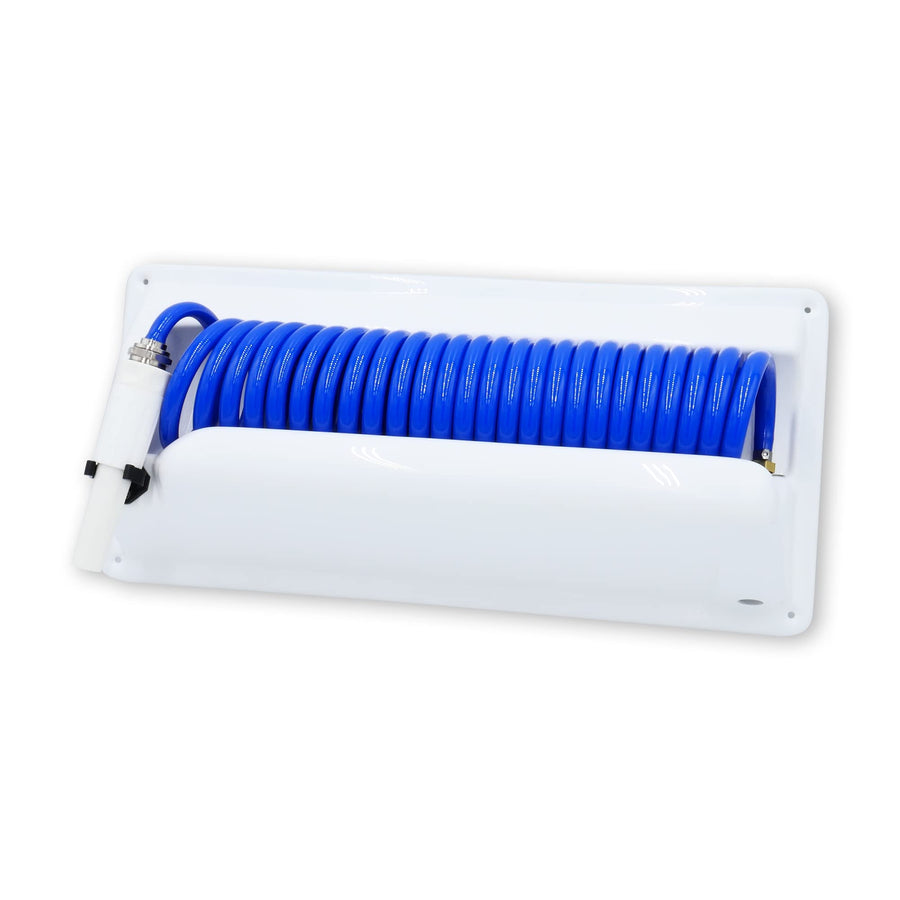 T-H Marine Coiled Hose Washdown System - 25' Wash Down Hose, Nozzle, Holder, 5' Supply Hose, and Brass Fittings - Kink Free Design and Compact Storage - Blue