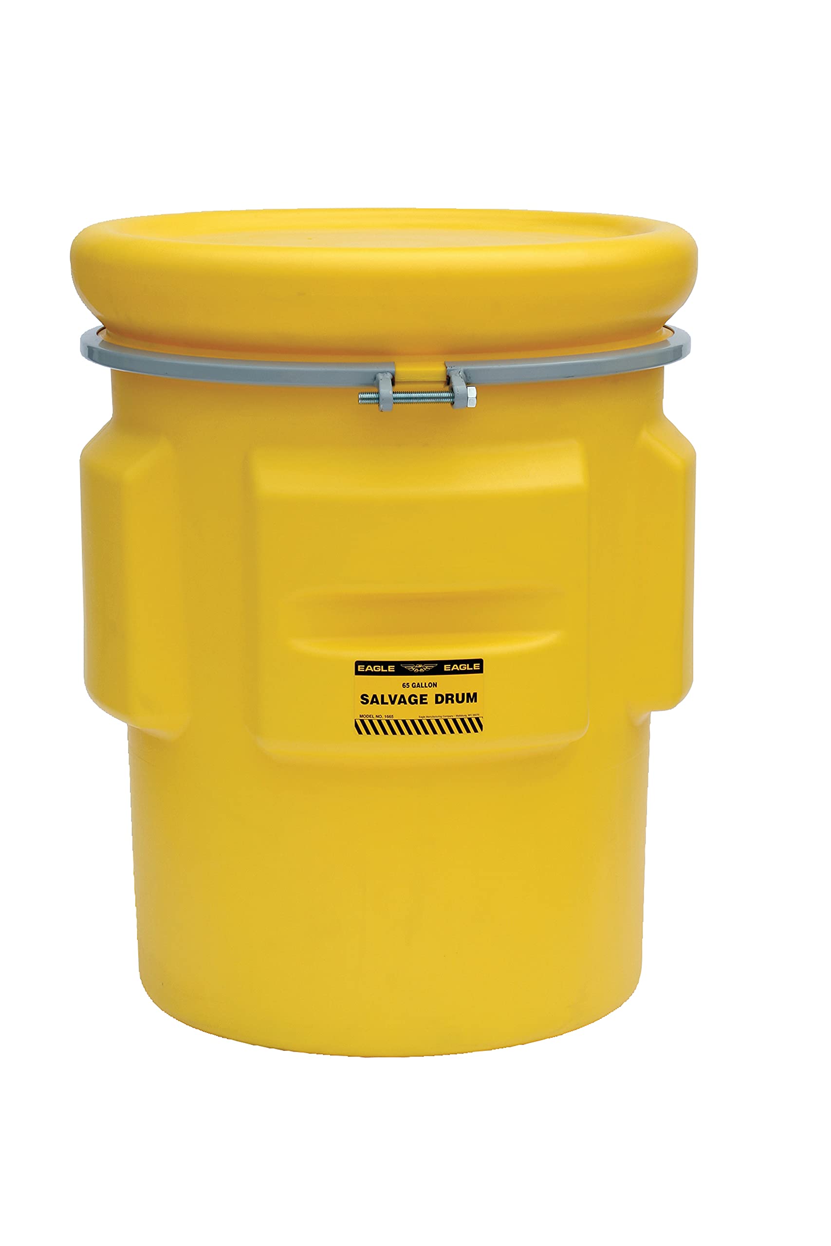 65 Gallon Eagle Plastic Drum with Lid, Metal Bolt Ring, 38.9"x31", Salvage Drum Made of Durable, Lightweight HDPE, Withstands Weather and Chemicals, Made in USA, Yellow, 1665