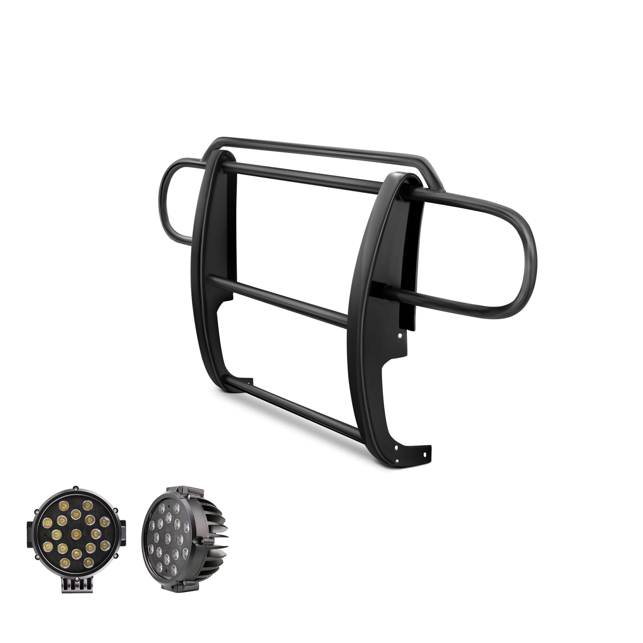 Grille Brush Black Horse Bumper Guard Modular Black Come with Pair of 7.0" Dia.LED Lights with Black Trim Rings Compatible with 2007-2018 Jeep Wrangler JK-17JPWRMA-PLB