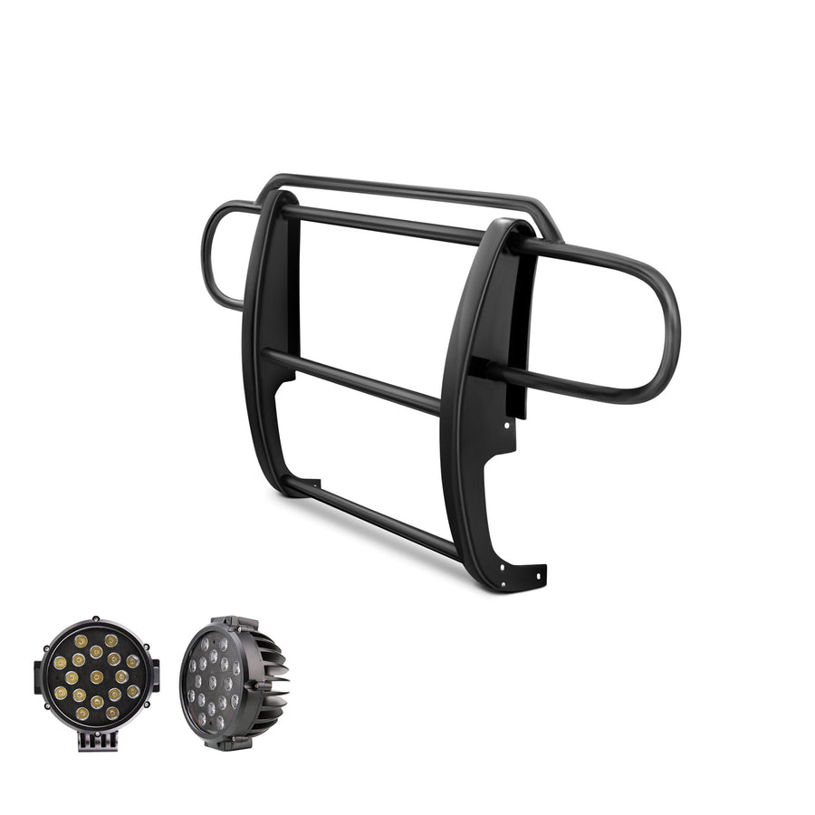 Grille Brush Black Horse Bumper Guard Modular Black Come with Pair of 7.0" Dia.LED Lights with Black Trim Rings Compatible with 2007-2018 Jeep Wrangler JK-17JPWRMA-PLB