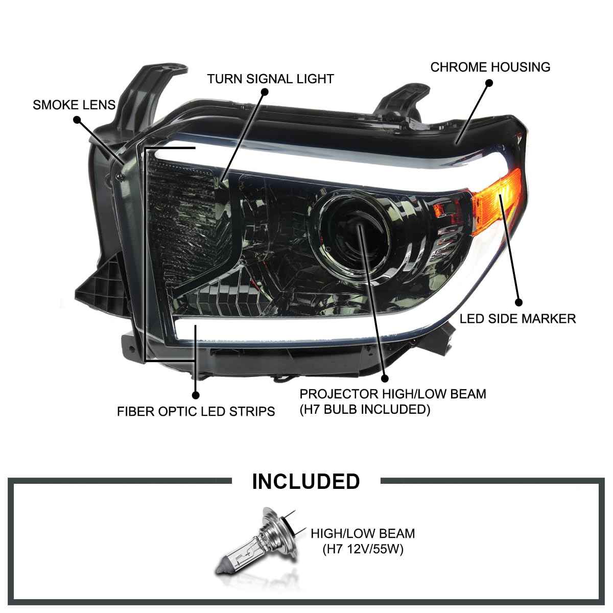Smoke Projector Headlights w/LED Tube SPEC-D TUNING Compatible with 2014-2021 Toyota Tundra, Left + Right Pair Headlamp Assembly