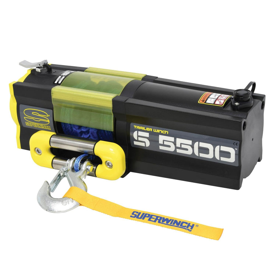 S5500SR Superwinch 1455201 Trailer Winch 5500lb(2495kg) Single Line Pull with Roller Fairlead 1/4" x 60' Synthetic Rope 30.5ft Corded Handheld Remote