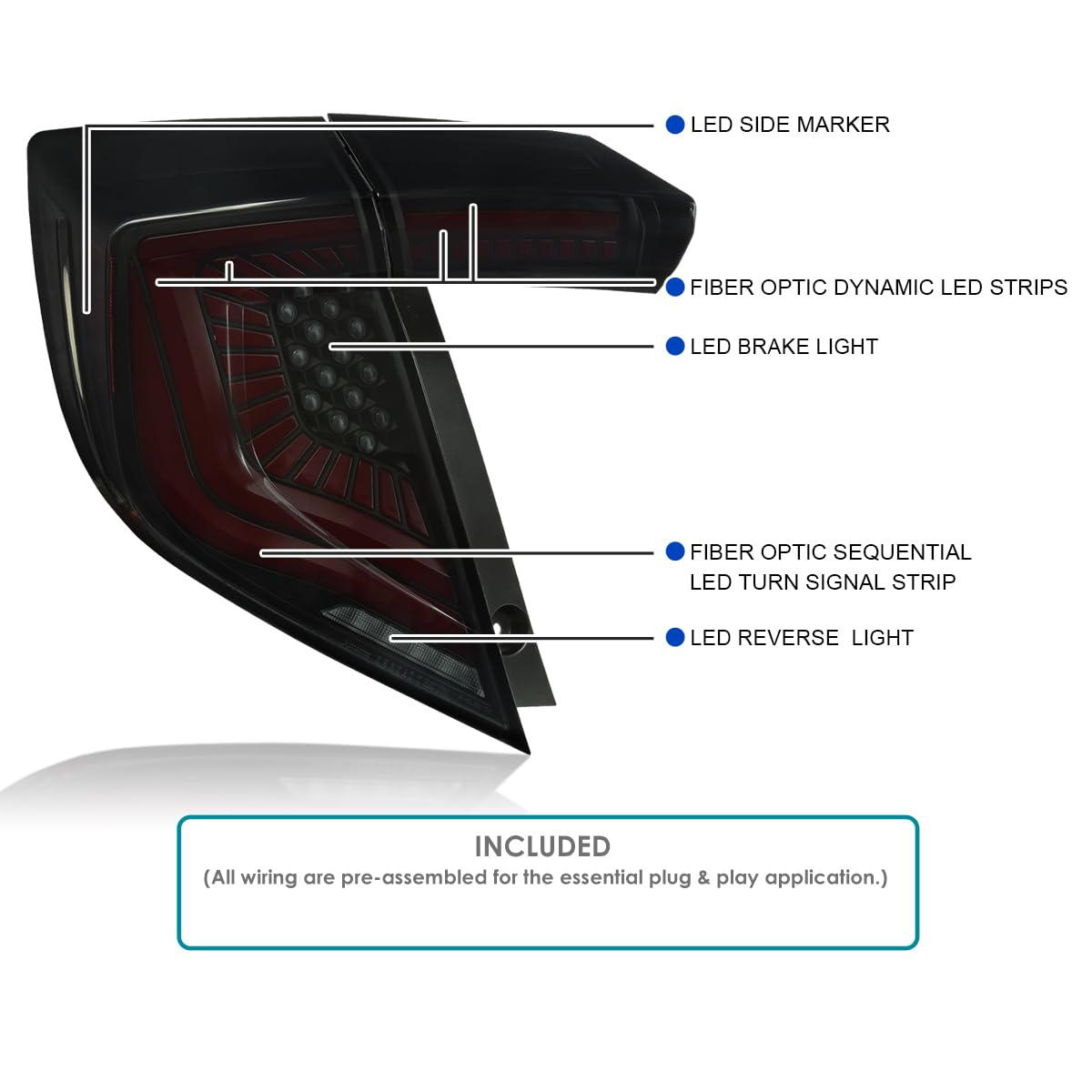 Black Smoke LED Tail Lights SPEC-D TUNING w/Red LED Sequential Turn Signals Compatible with 2017-2021 Honda Civic Hatchback, Left + Right Pair Headlamp Assembly