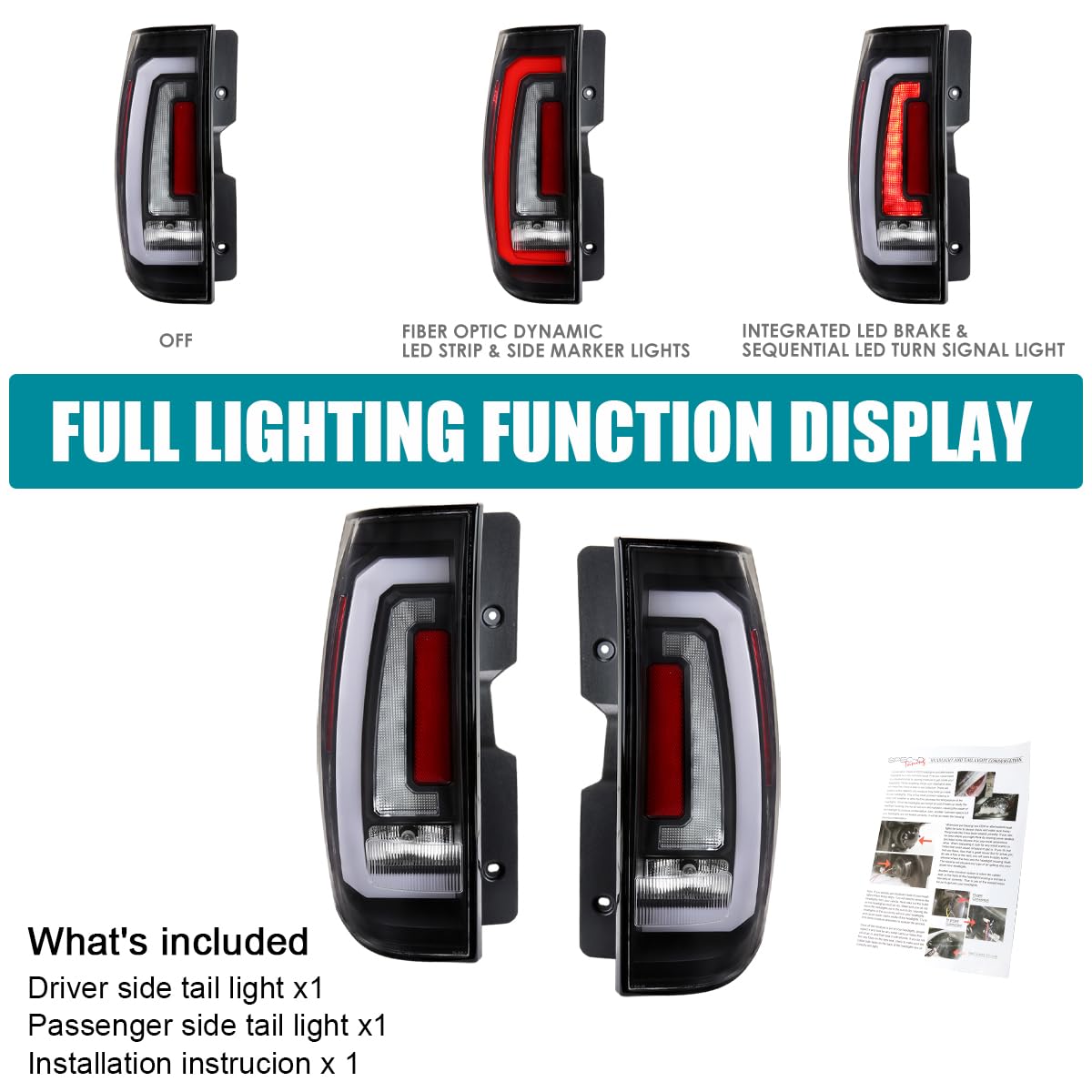 Matte Black SPEC-D TUNING Tail Lights w/White LED Sequential Turn Signals and Startup Animation Compatible with 2007-2014 Chevy Tahoe, Suburban, GMC Yukon/Denali/XL, Left + Right Pair Assembly