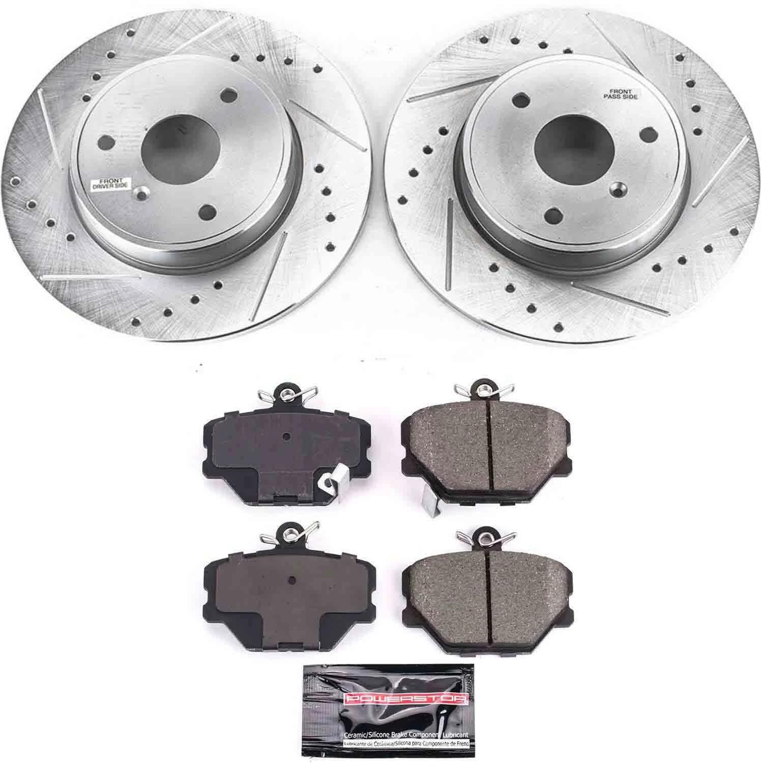 Power Stop K5695 Z23 Carbon Fiber Brake Pads with Drilled & Slotted Brake Rotors Kit For Smart Fortwo 2008-2016 [Model Specific]