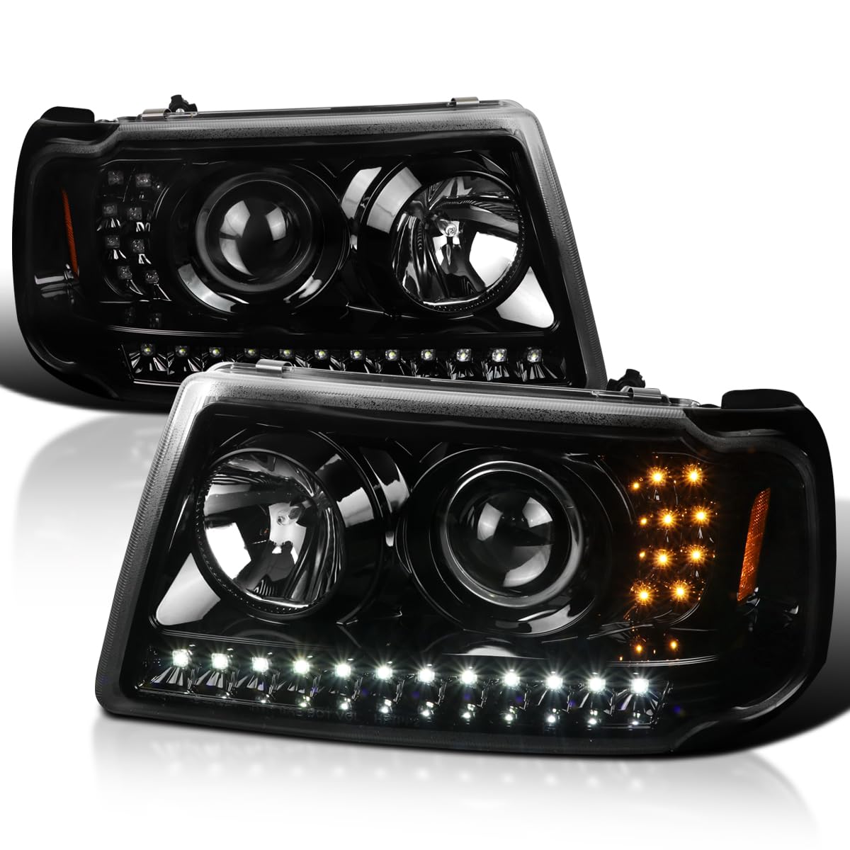 Jet Black SPEC-D TUNING Projector Headlights w/LED Strip and LED Turn Signal Compatible with 2001-2011 Ford Ranger, Left + Right Pair Headlamps Assembly