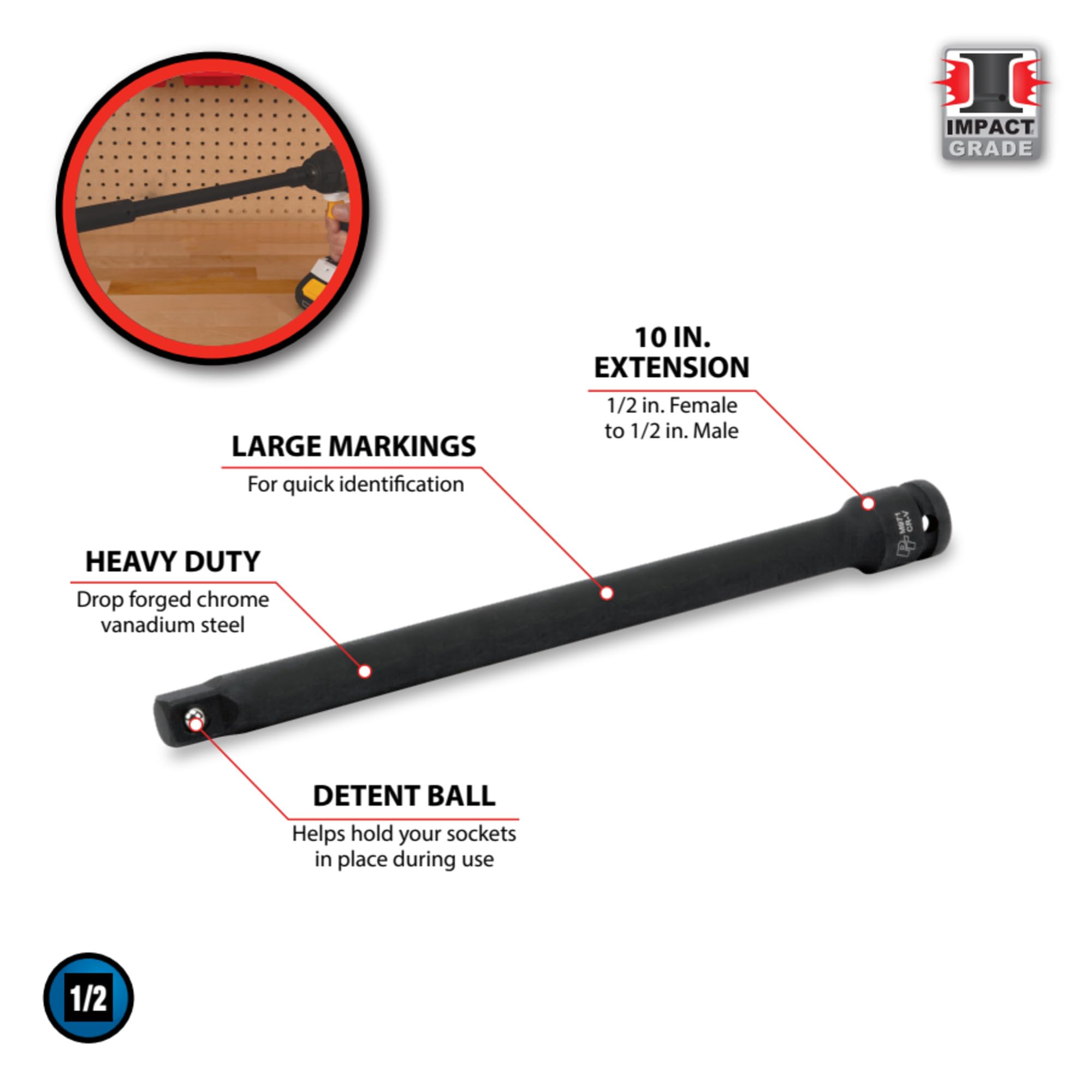 M971 Performance Tool 1/2-Inch Drive x 10-Inch Impact Extension - Heavy Duty Steel Construction for Enhanced Durability and Extended Reach