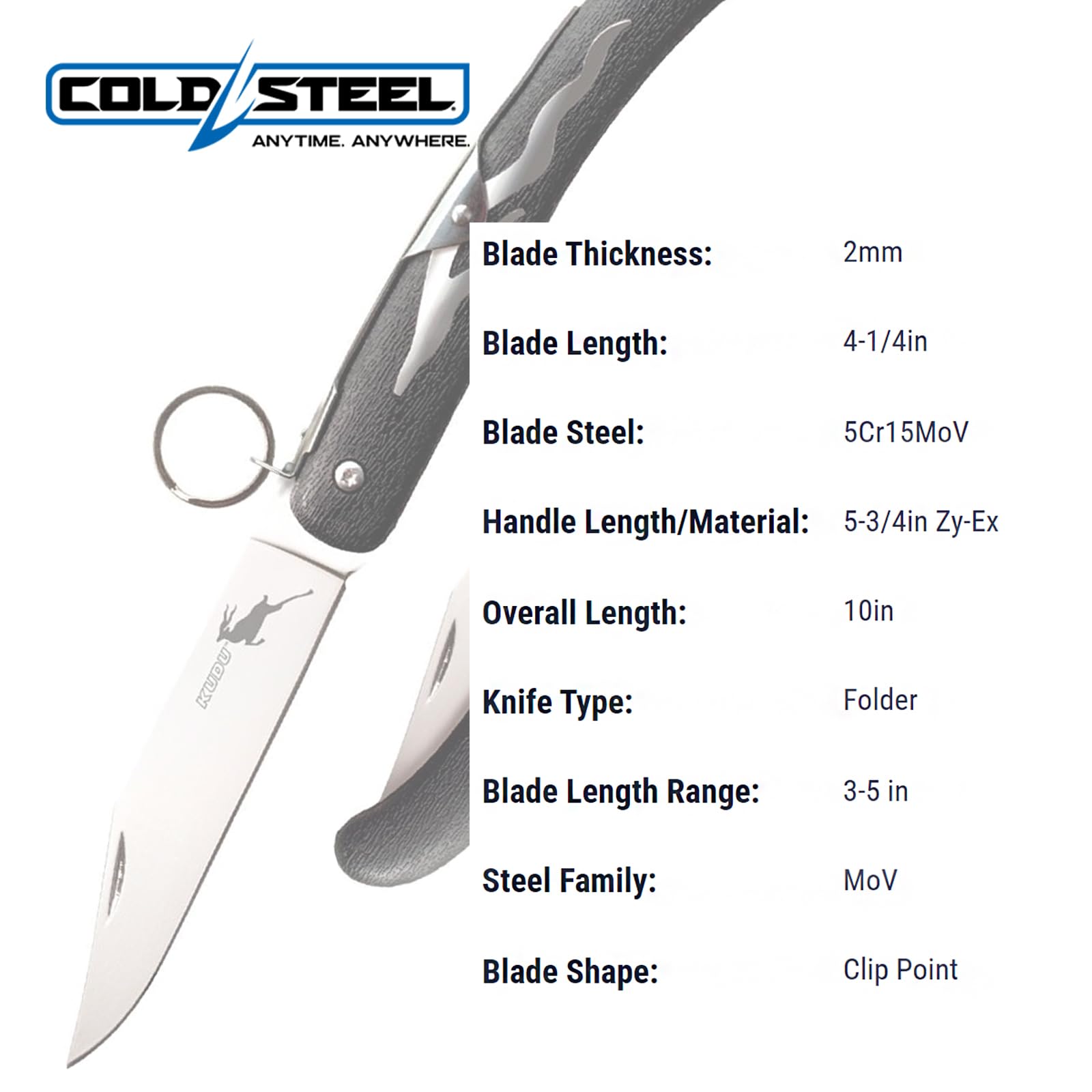 Kudu Cold Steel 4.25" 5Cr15MoV Steel Clip Point Razor-Sharp Blade 5.75" Zy-Ex Handle Everyday Carry Folding Knife w/Ring Lock