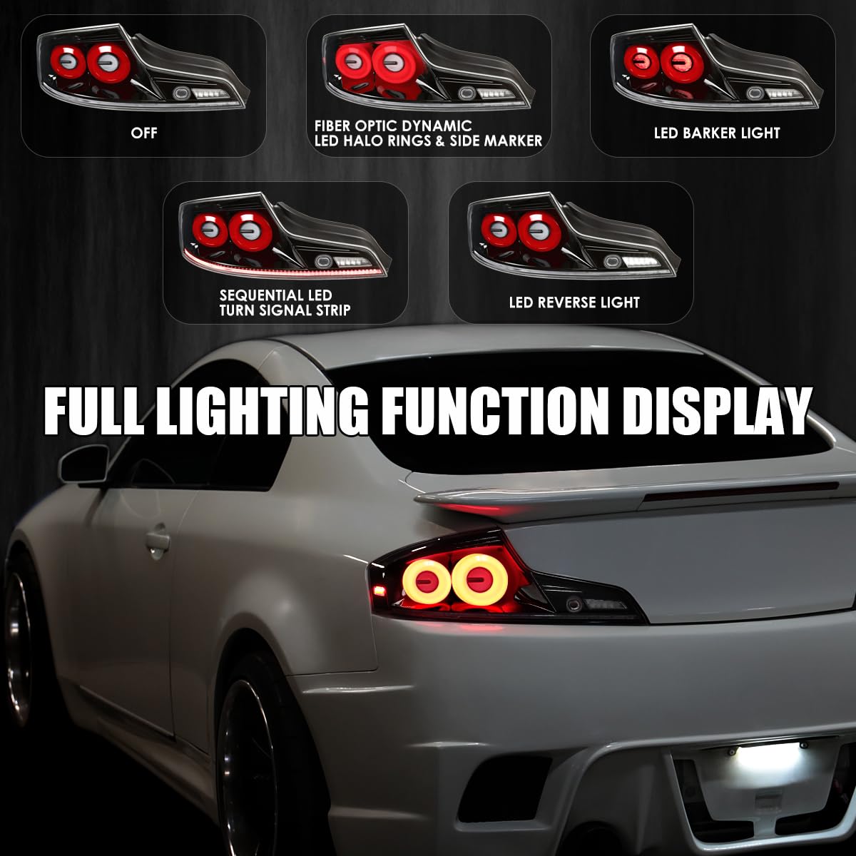 Full LED Tail Lights SPEC-D TUNING w/Red Fiber Optic Halo Ring, Sequential Turn Signal, and Startup Animation Compatible with 2003-2007 Infiniti G35, Left + Right Pair Assembly