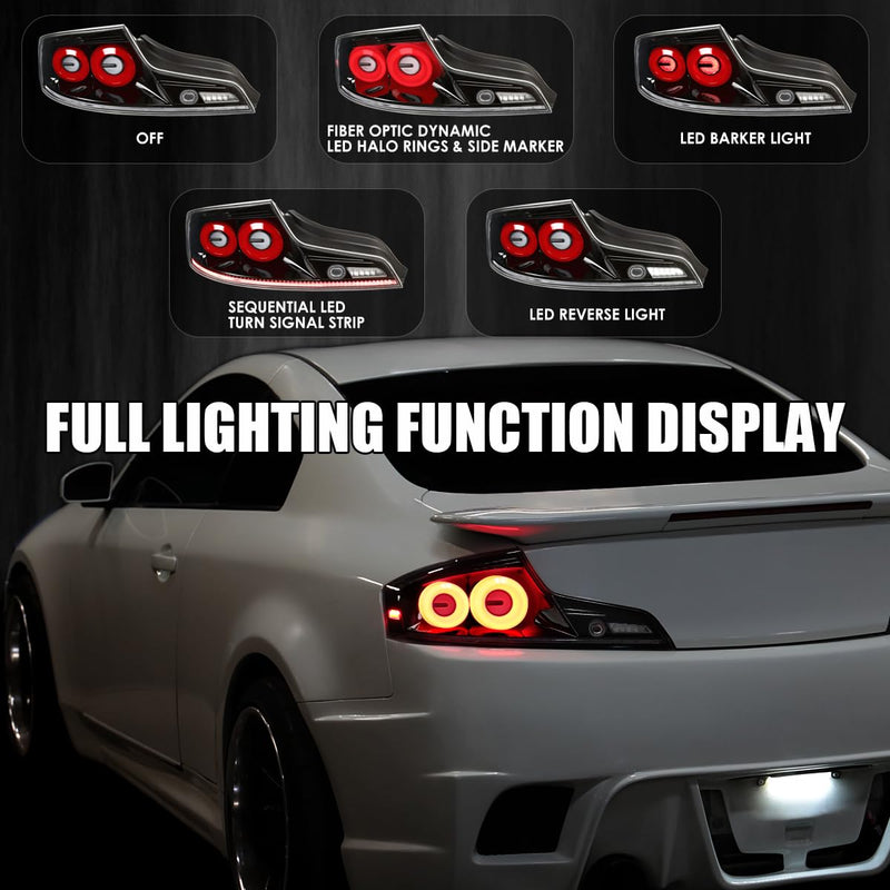 Full LED Tail Lights SPEC-D TUNING w/Red Fiber Optic Halo Ring, Sequential Turn Signal, and Startup Animation Compatible with 2003-2007 Infiniti G35, Left + Right Pair Assembly