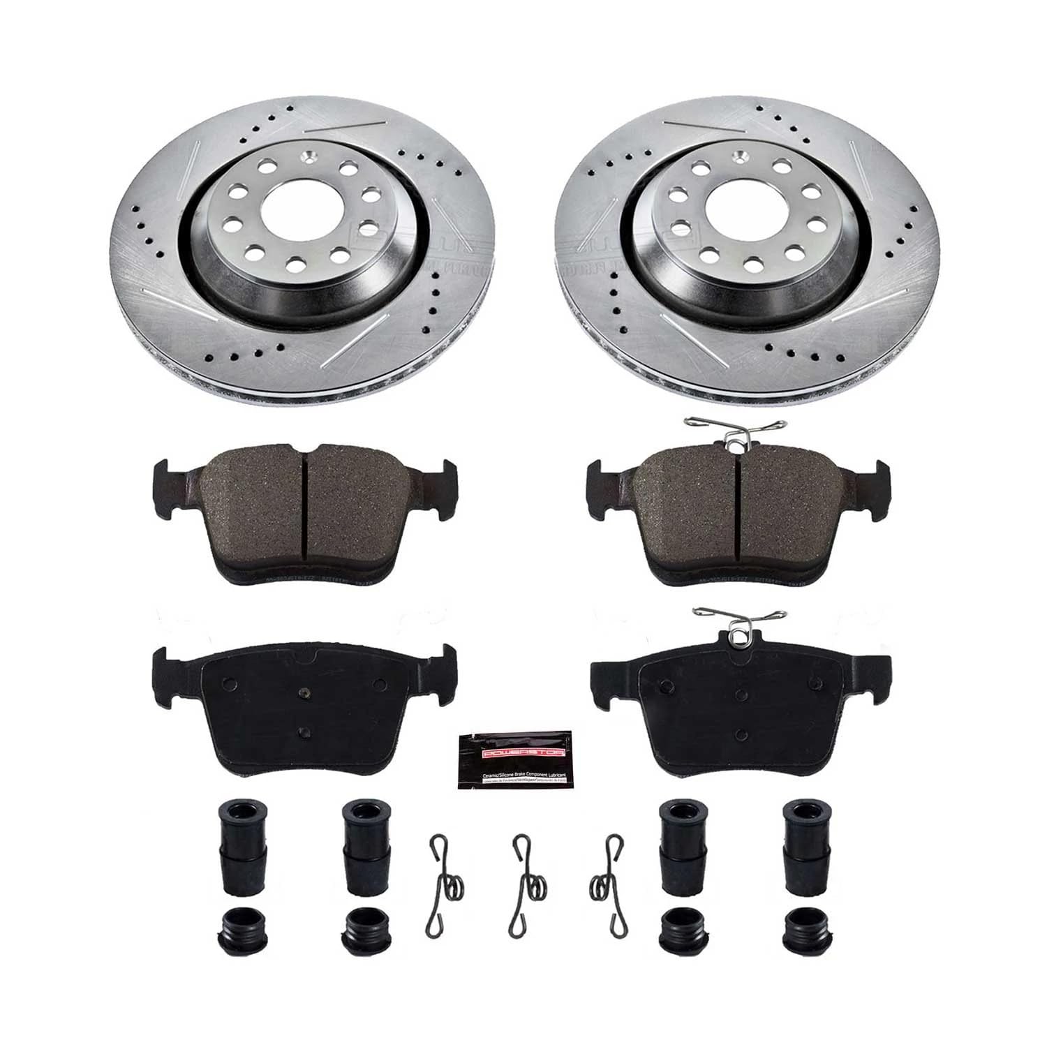 Power Stop K7084 Brake Pads Rear with Drilled Slotted Brake Rotors Kit For A3 Quattro, Q3, RS3, S3, TT RS Quattro, TTS Quattro, VW Arteon, VW Atlas, VW Atlas Cross Sp, VW Golf R [Model Specific]