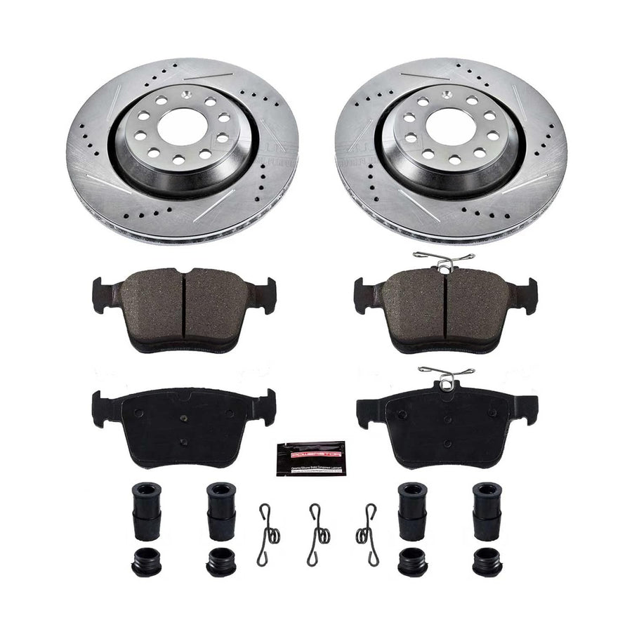 Power Stop K7084 Brake Pads Rear with Drilled Slotted Brake Rotors Kit For A3 Quattro, Q3, RS3, S3, TT RS Quattro, TTS Quattro, VW Arteon, VW Atlas, VW Atlas Cross Sp, VW Golf R [Model Specific]