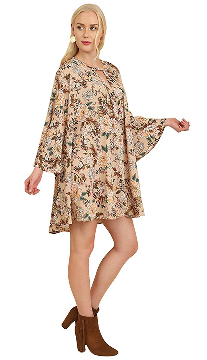 Boho USA Umgee Floral Print Hippie Dress Tunic with Keyhole Neckline and Bell Sleeves (1XL Plus, TAUPE MIX WR7517)