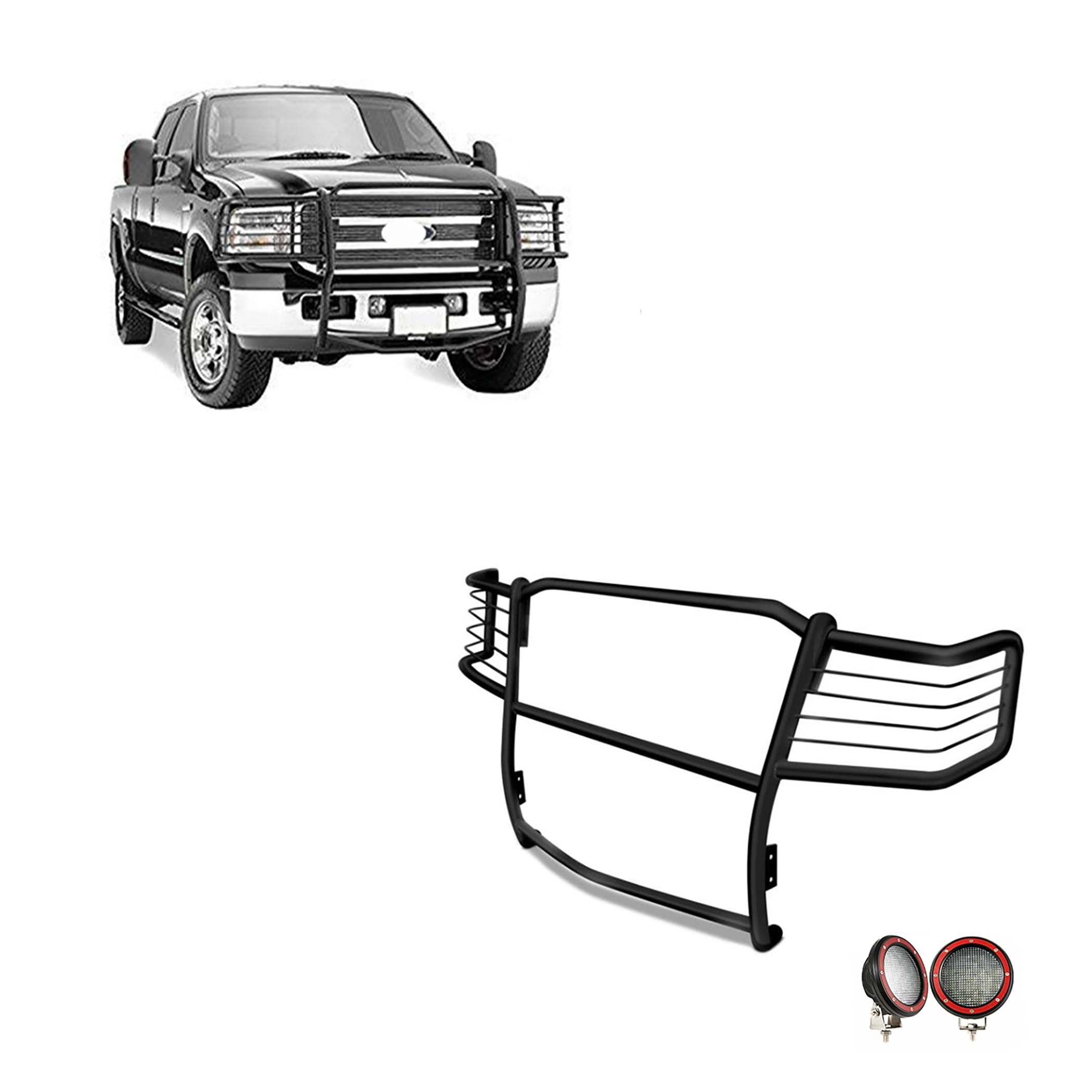 Bumper Guard Modular Black Black Horse Grille brush Come With Pair of 5.3"LED Lights Compatible with 1999-2007 Ford F-250 Super Duty|1999-2004 Ford F-350/Ford F-450/Ford F-550 Super Duty-17FB23MA-PLFR