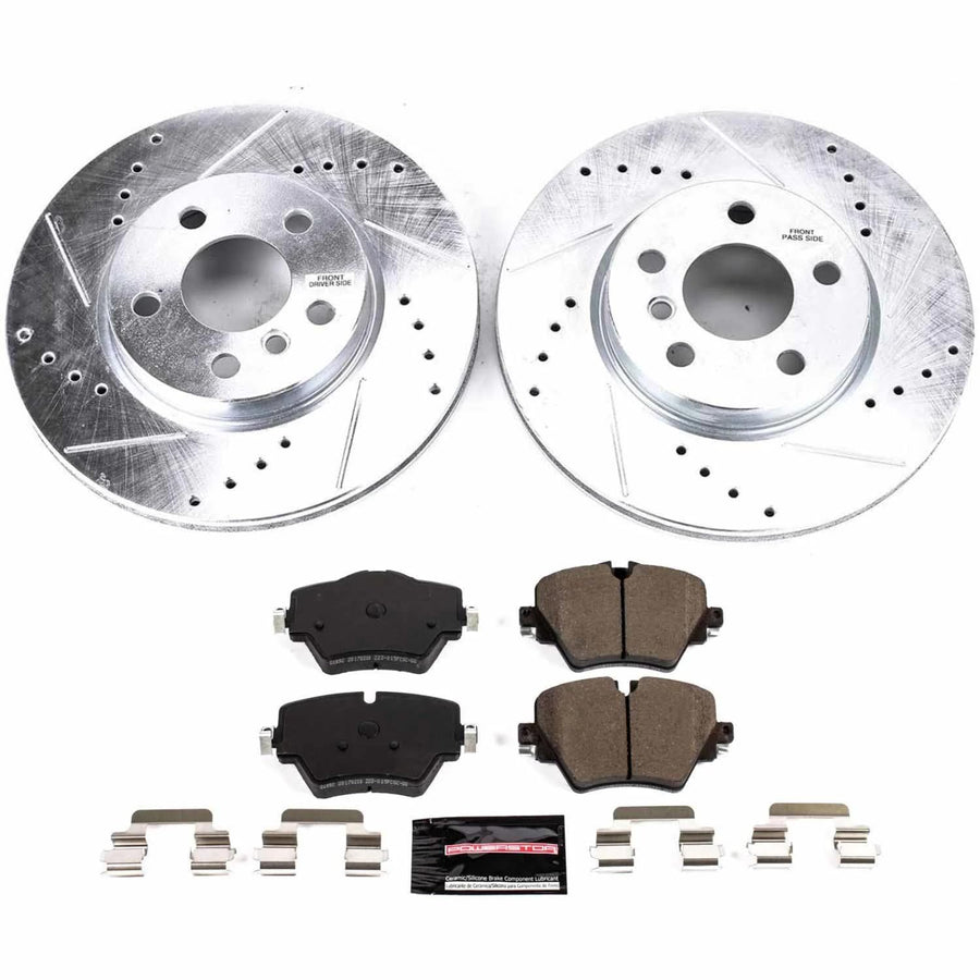 Power Stop K8323 Z23 Carbon Fiber Brake Pads with Drilled & Slotted Brake Rotors Kit For Mini Cooper Clubman 2019 [Model Specific]