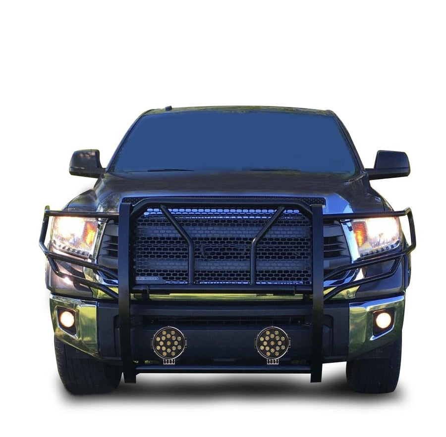 Heavy Duty Black Horse Rugged Grille Brush Bumper Guard Modular Black Come with Pair of 7.0" Dia.LED Lights with Black Trim Rings Compatible with 2007-2020 Tundra|2008-2022 Sequoia-RU-TOTU07-B-PLB