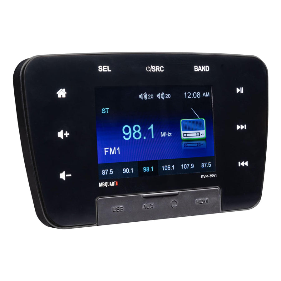 RVM-35V1 MB Quart 160W 3.5" Touchscreen Mechless Multimedia Bluetooth Source Unit w/Multi-Zone Audio, USB, AM/FM Radio & Camera Input for RVs & Cars