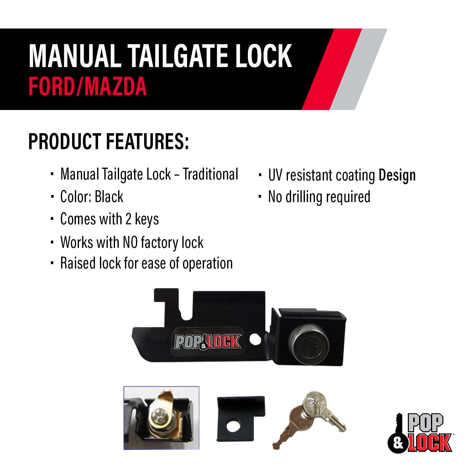 Manual Tailgate Lock – Pop & Lock for Ford F150, Fits 1987 to 1996 - Works Only with Factory Plastic Handle (Black, PL2310)