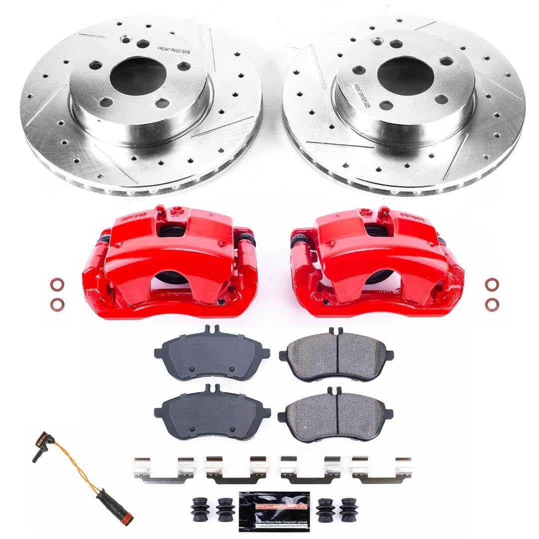Power Stop Z23 KC7766 Daily Driver Front Brake Caliper Kit-Drilled/Slotted Brake Rotor, Brake Pads & Calipers and 1 Front Sensor Wire For Mercedes-Benz C250, Mercedes-Benz C300 [Model Specific]
