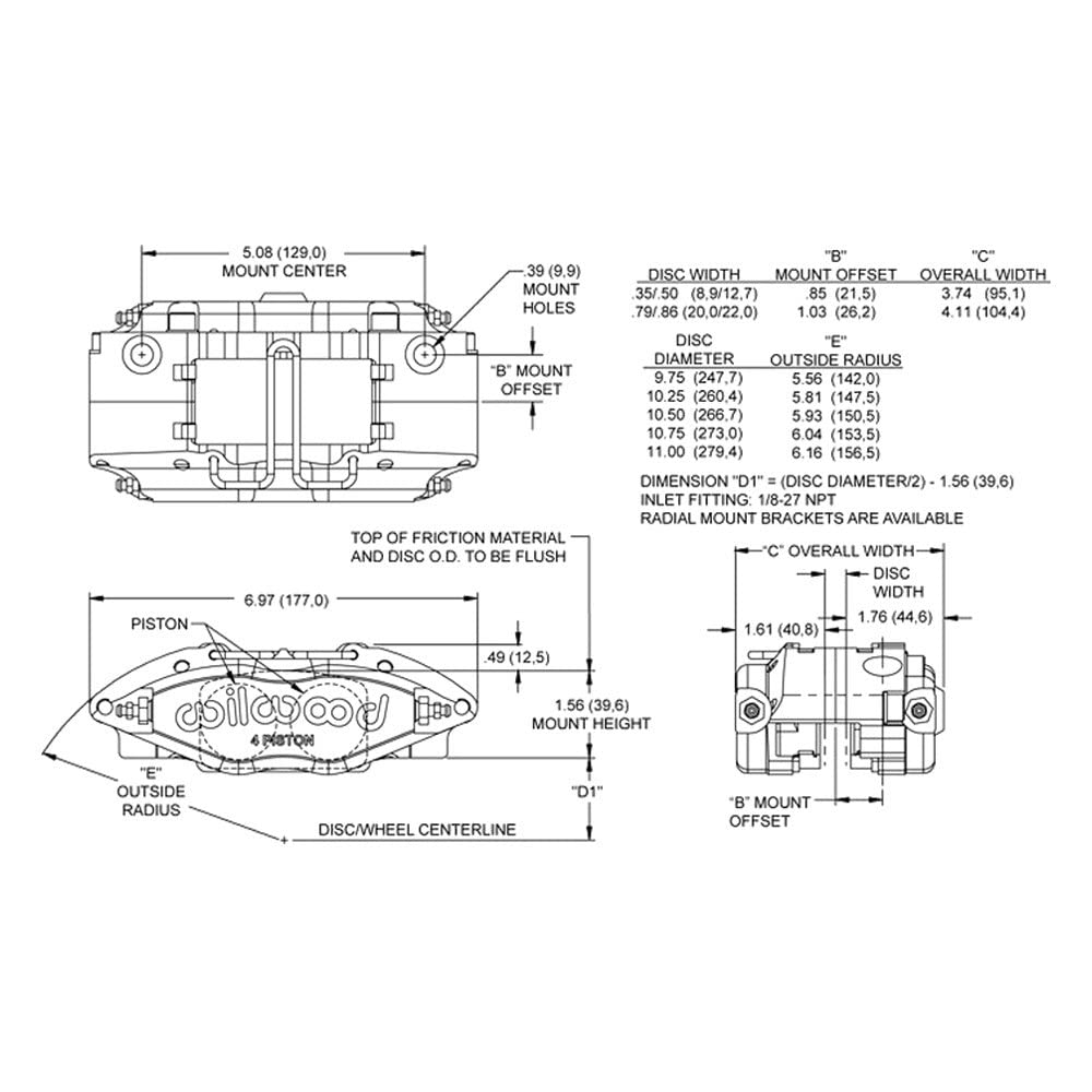 Caliper-Powerlite Wilwood 120-8727, 1.00" Pistons.790"/.860" Disc