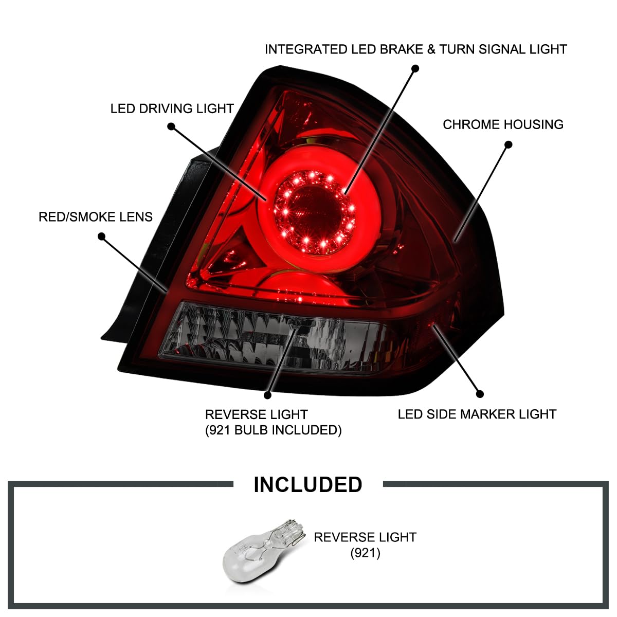 Spec-D Tuning LED Bar Tail Lights Red Smoke Lens Compatible with 2006-2013 Chevy Impala, 2014-2016 Chevy Impala Limited Left + Right Pair Assembly