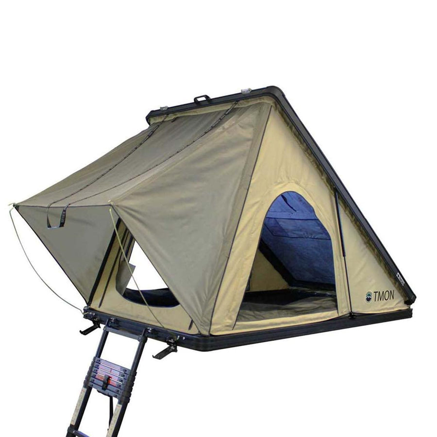Overland Vehicle Systems Clamshell LD TMON Aluminum Hard Shell Roof Top Tent - 2 Person Capacity, Tan Body & Green Rainfly
