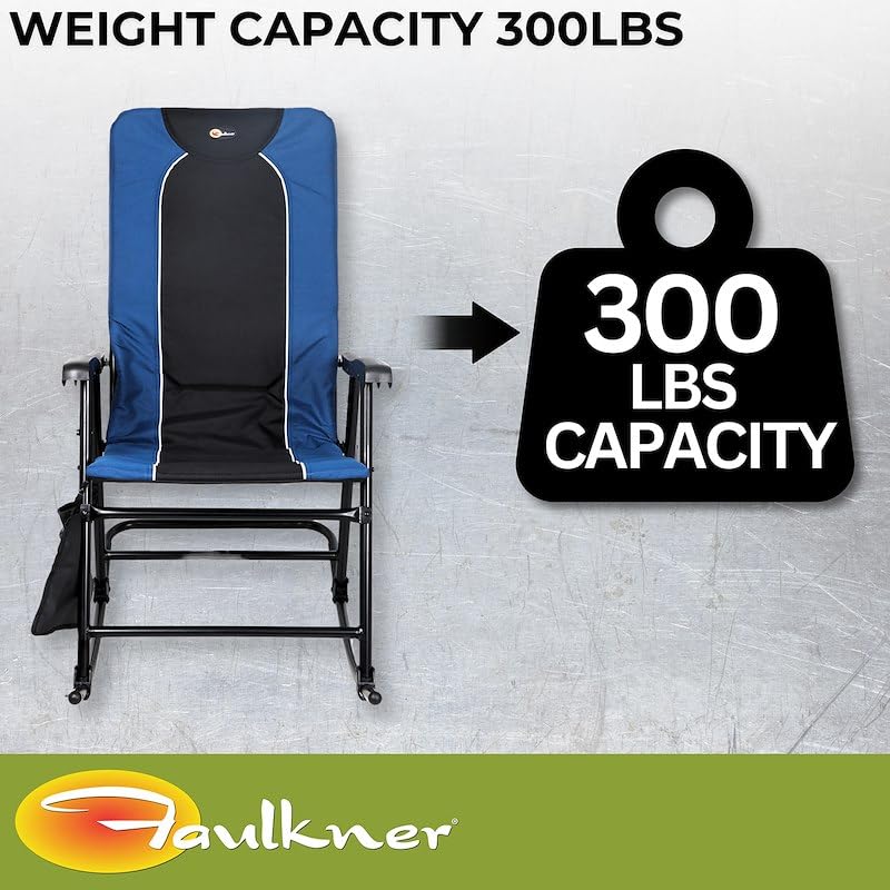 Dakota Folding Rocking Chair Faulkner – Blue/Black, 42.1" x 22", 300 lb Capacity, Padded Camping Chair with Side Pouch, Lightweight Steel Frame, Folds for Easy Carry