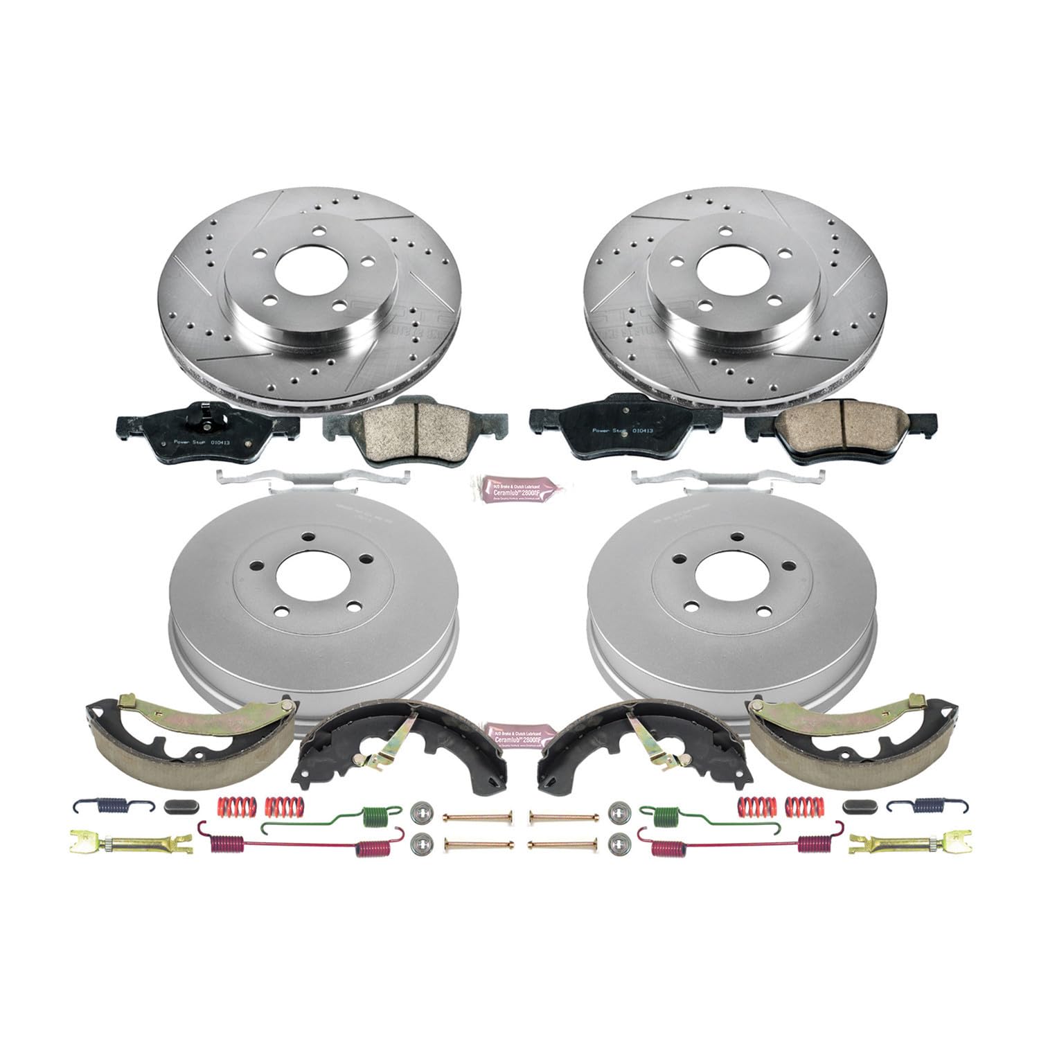 Power Stop K15257DK Z23 Carbon Fiber Brake Pads Front and Rear with Drilled & Slotted Brake Drums Kit