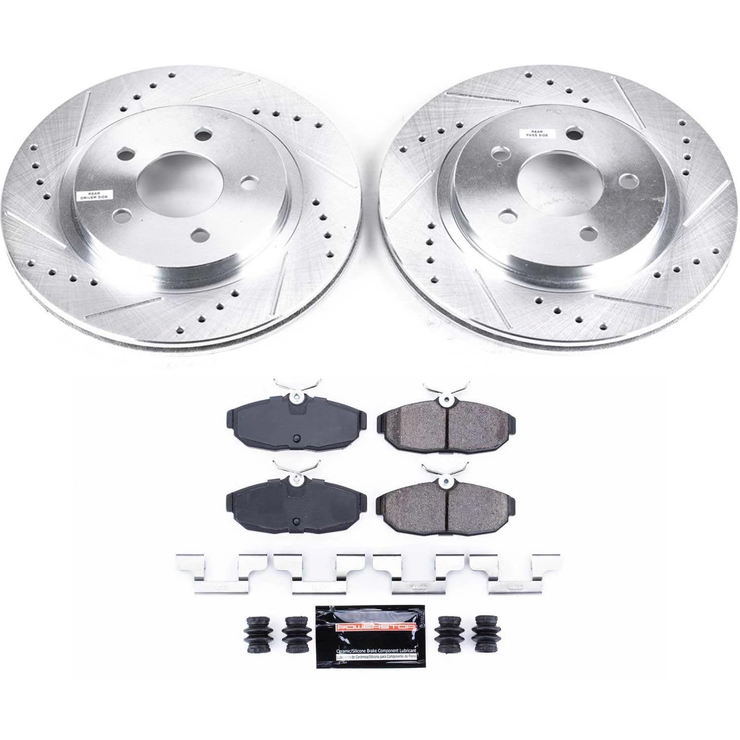 Power Stop K1384 Rear Brake Pads Z23 Carbon Fiber with Drilled & Slotted Brake Rotors Kit For Ford Mustang 2005-2011 [Model Specific]