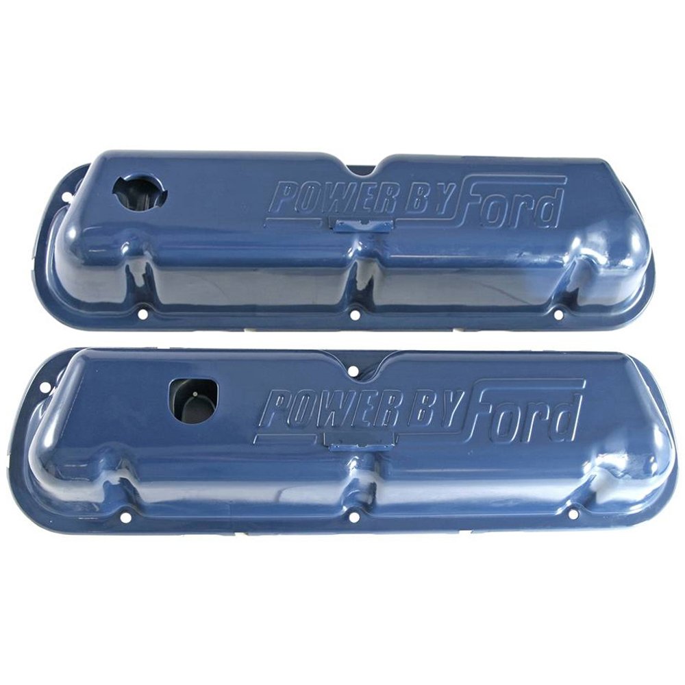 Steel Valve Covers Scott Drake with Official Power by Ford Lettering in a Blue Finish, Compatible with 1968-1972 Ford Mustang, Model C8OZ-6A582-BL