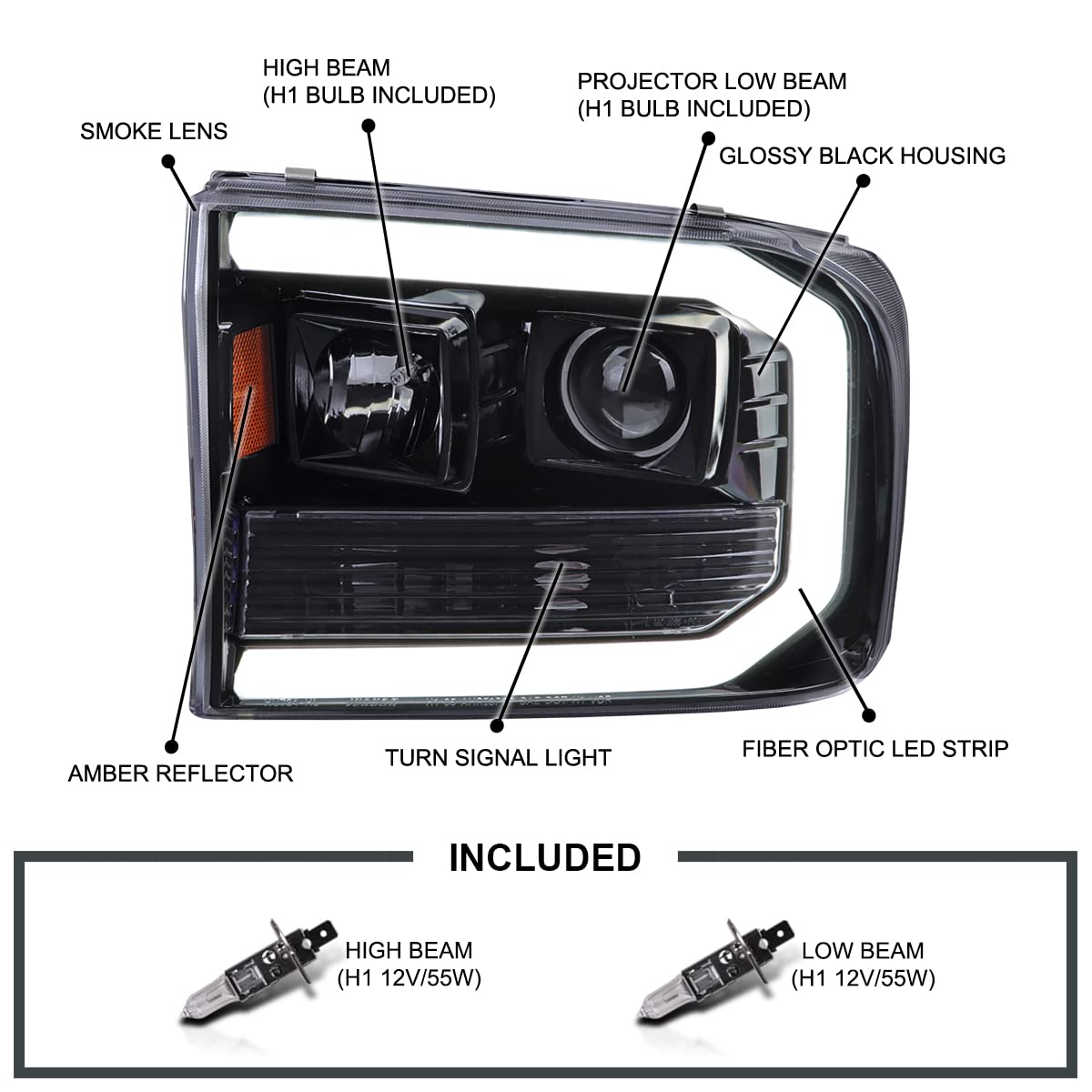 Spec-D Tuning Projector Headlights Glossy Black Smoke w/LED Tube Compatible with 1999-2004 Ford F-250, F-350, F-450 SuperDuty, Left + Right Pair Headlamps Assembly