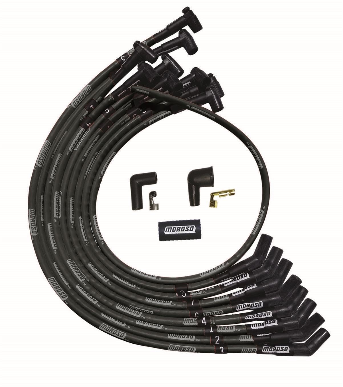 Moroso Ultra Series 51527 Black Sleeved Spark Plug Wires, Small Block Chevy, Over Valve Cover Routing, 135 Degree Plug Ends, HEI Distributor