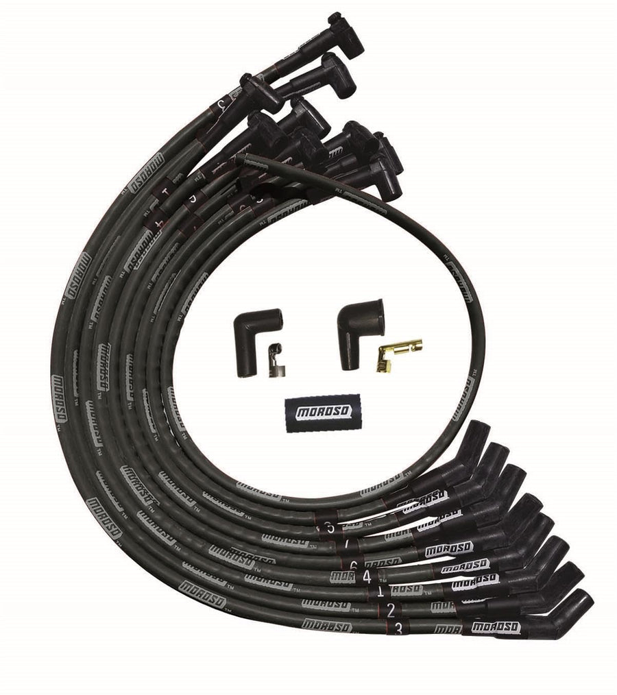 Moroso Ultra Series 51527 Black Sleeved Spark Plug Wires, Small Block Chevy, Over Valve Cover Routing, 135 Degree Plug Ends, HEI Distributor