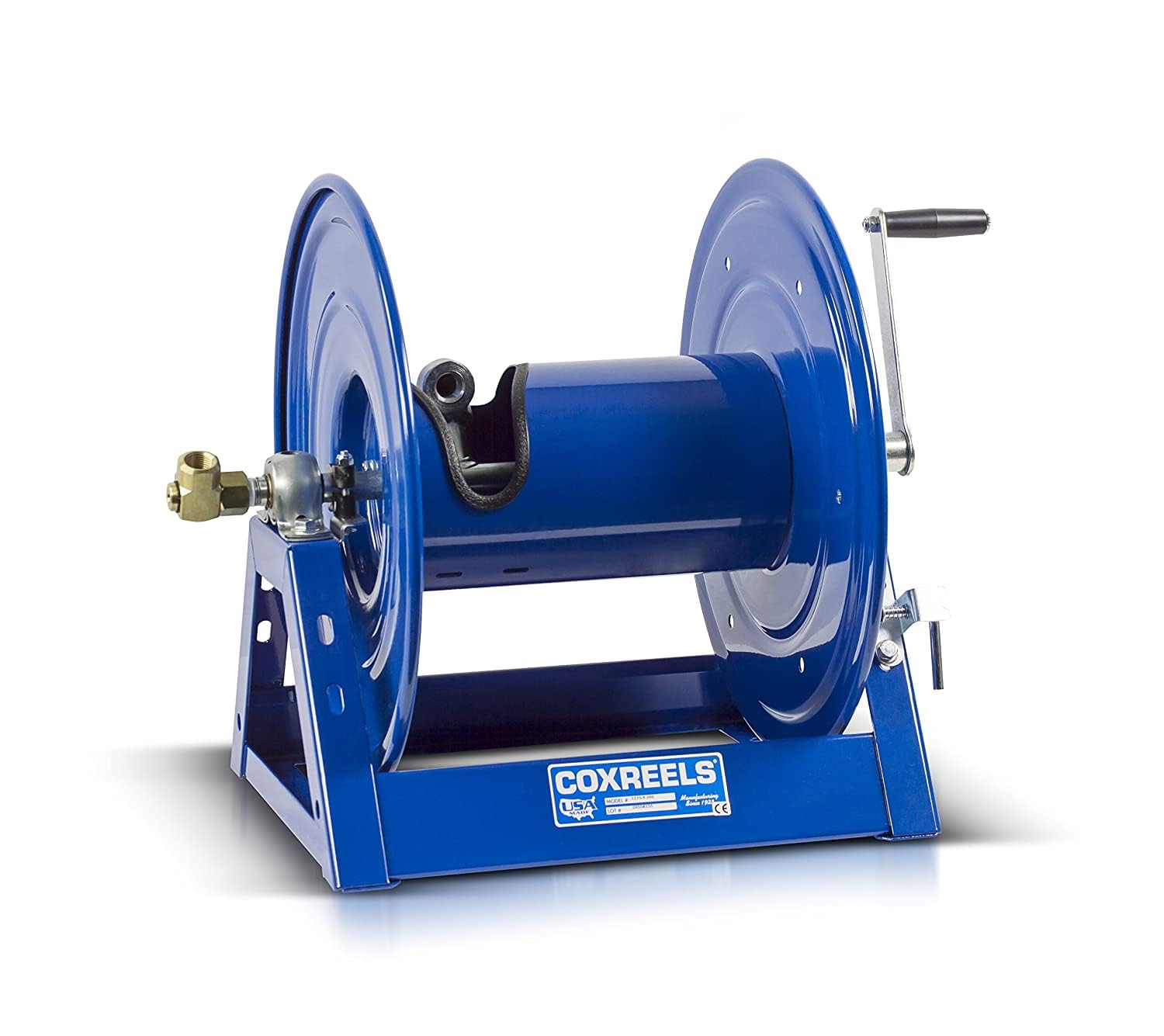 1125-4-200 Coxreels Hand Crank Steel Hose Reel, 1125 Series - ½” x 200’, 3,000 PSI - Heavy Duty All Welded Steel A Frame - Adjustable Tension Break – Made in the USA, Blue