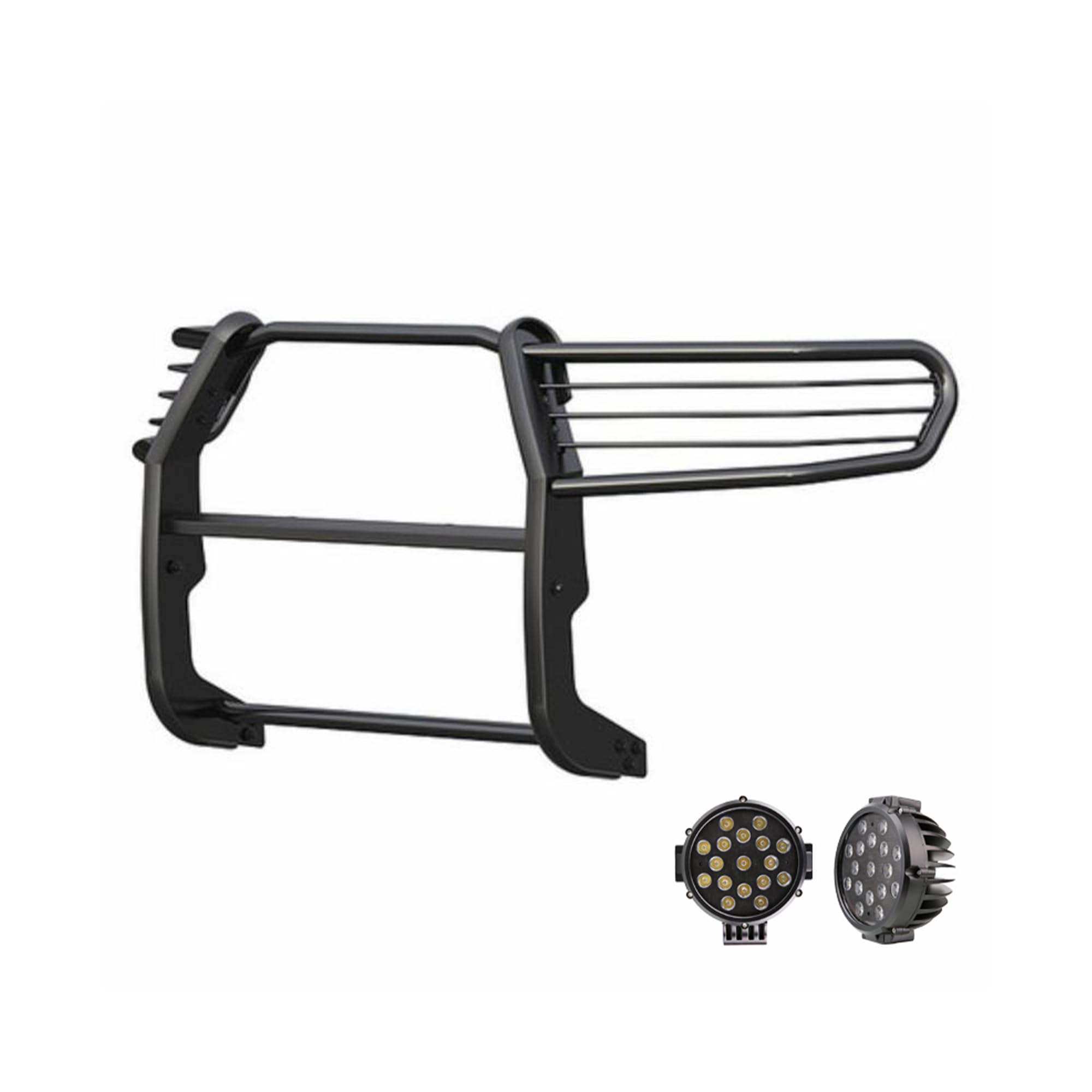 Grille Brush Black Horse Bumper Guard Modular Black Come with Pair of 7.0" Dia.LED Lights with Black Trim Rings Compatible with 2006-2014 Honda Ridgeline-17A152500A1MA-PLB