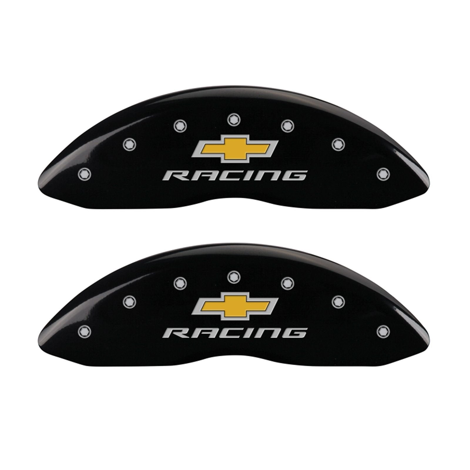 Caliper Covers MGP 14036SBRCBK (Black Powder Coat Finish, Engraved Front and Rear: Chevy racing, Silver Characters, Set of 4)