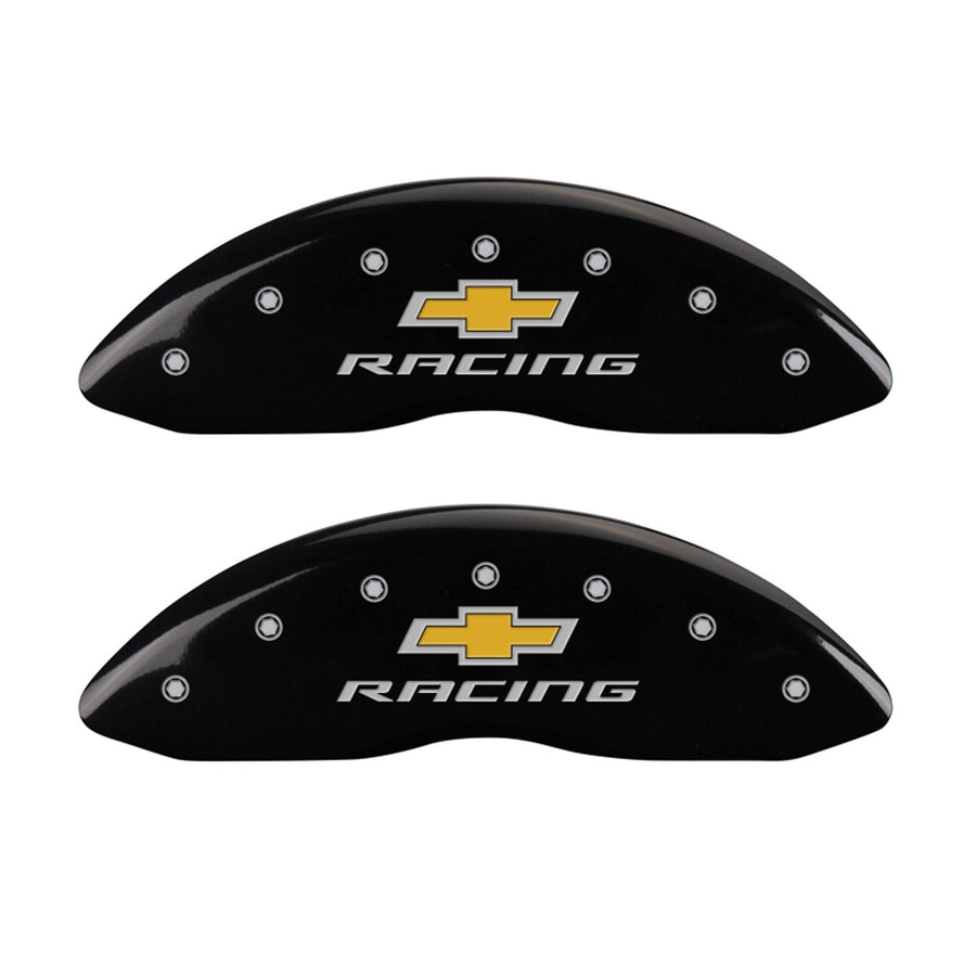 Caliper Covers MGP 14036SBRCBK (Black Powder Coat Finish, Engraved Front and Rear: Chevy racing, Silver Characters, Set of 4)