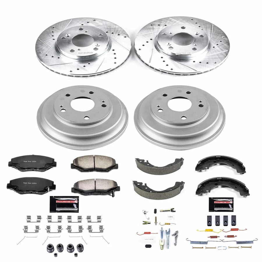 Power Stop Brake Kit Front and Rear For 2013 2014 2015 Honda Civic - Truck & Tow Carbon Fiber Ceramic Pads, Drums, & Drilled and Slotted Rotors Replacement, K15243DK-36