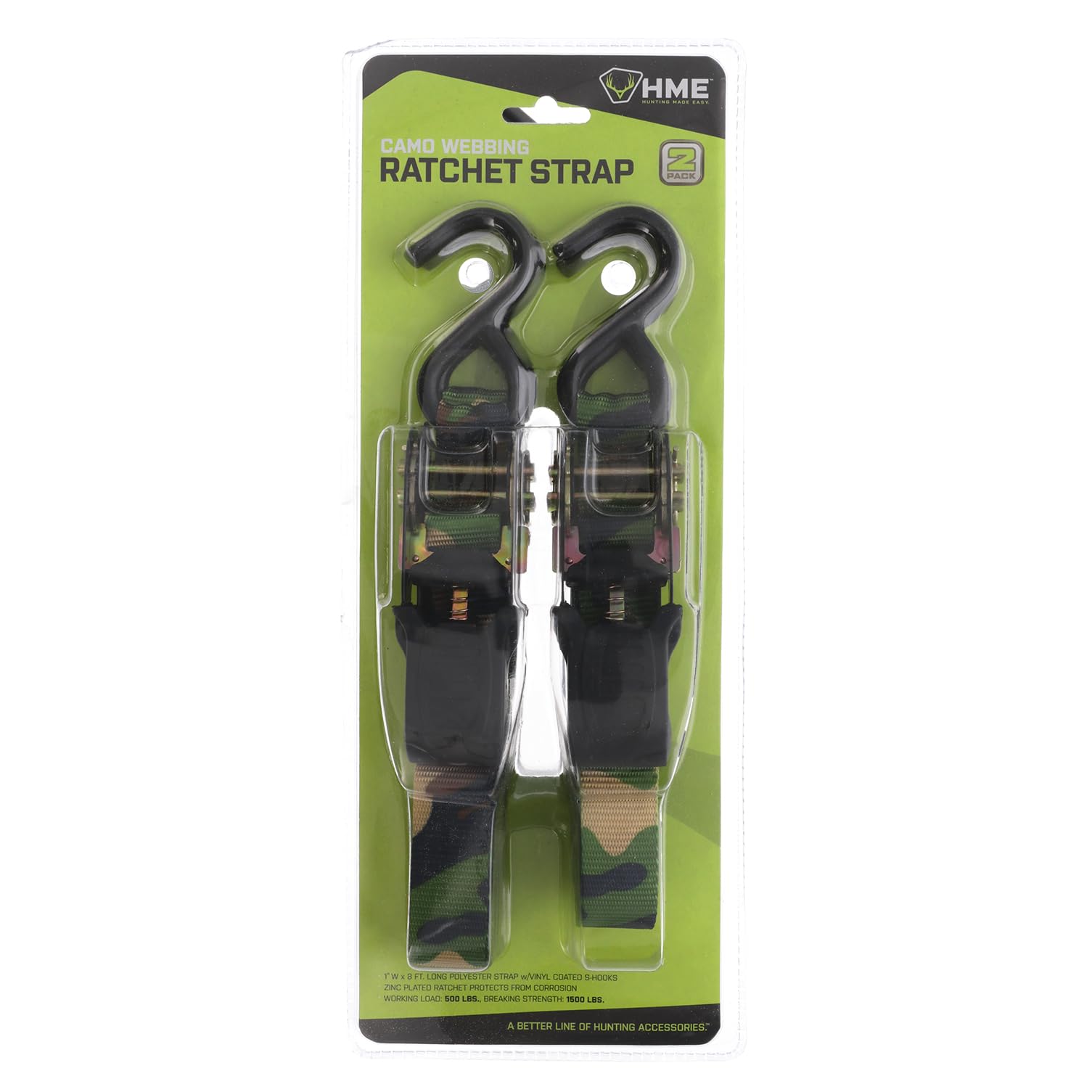 HME Reliable Durable Versatile Weather-Resistant Camouflage Ratchet 1500 lb Capacity 1' x 8' Tie-Down Straps - 2 Pack