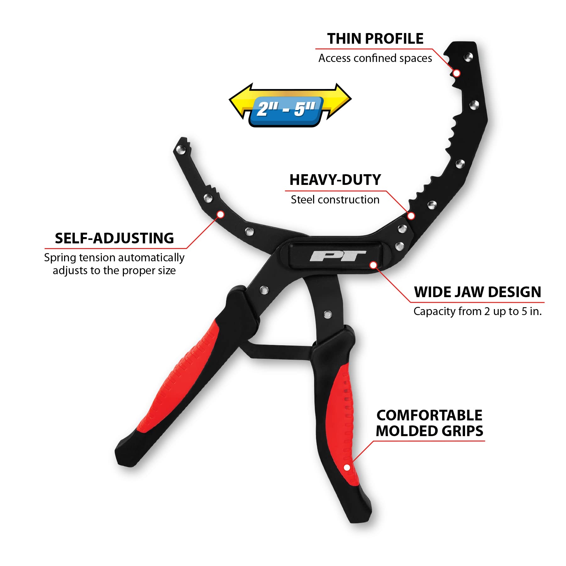 Self-Adjusting Performance Tool W54312 Oil Filter Plier with Wide Jaw Design for 2-5-Inch (51-127mm) Filters - Heavy Duty Steel Construction with Molded Grips