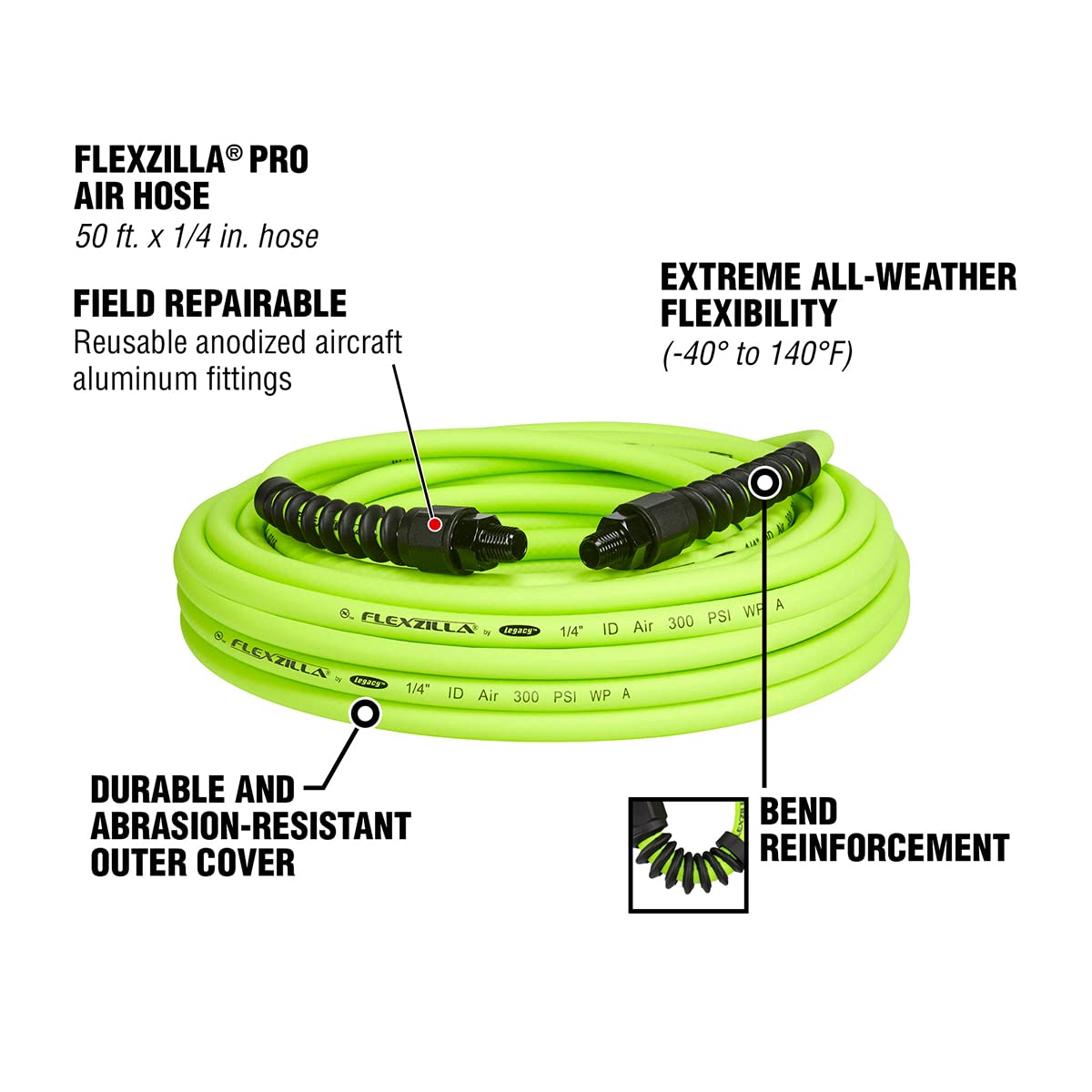 Flexzilla Pro Air Hose, 50 ft. x 1/4 in., Heavy Duty, Lightweight, Hybrid, ZillaGreen - HFZP1450YW2