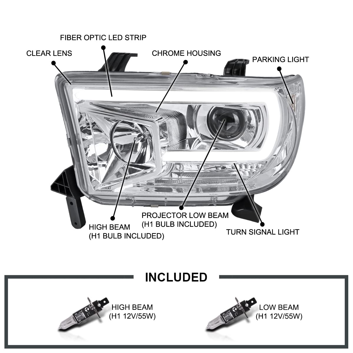 Chrome Projector Headlights SPEC-D TUNING w/LED Light Bar Compatible with 2007-2013 Toyota Tundra, 2008-2017 Toyota Sequoia, Left + Right Pair Headlamps Assembly